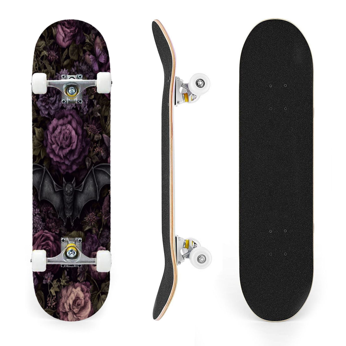31"x8" Complete Skateboards for Beginners, Ethereal Night Garden Roses Starry Sky Dark Academia Double Kick 7 Ply Canadian Maple Deck Skateboard with Wheels, Gifts for Kids Teens