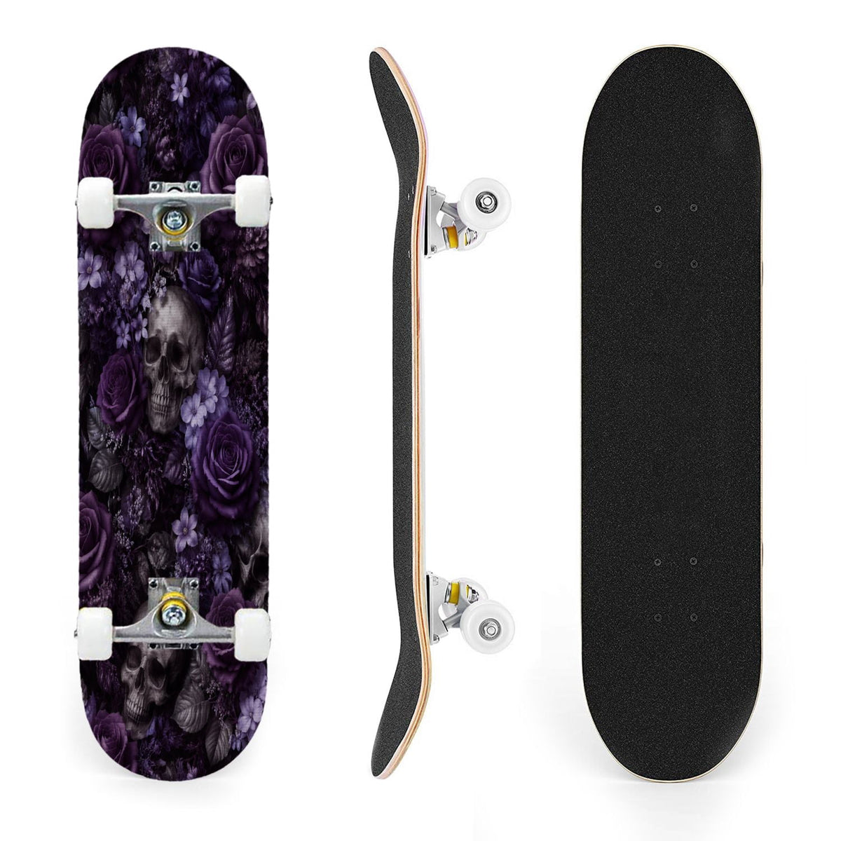 31"x8" Complete Skateboards for Beginners, Vibrant Purple Teal Floral Artwork Golden Accents Vintage Double Kick 7 Ply Canadian Maple Deck Skateboard with Wheels, Gifts for Kids Teens