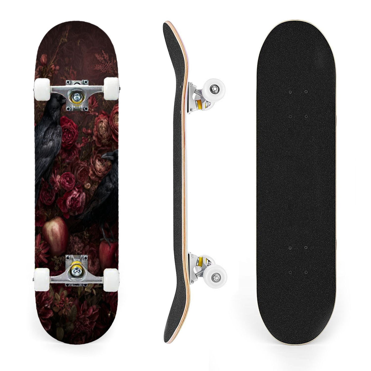 31"x8" Complete Skateboards for Beginners, Romantic Skeletons Blooming Roses Dark Academia Double Kick 7 Ply Canadian Maple Deck Skateboard with Wheels, Gifts for Kids Teens