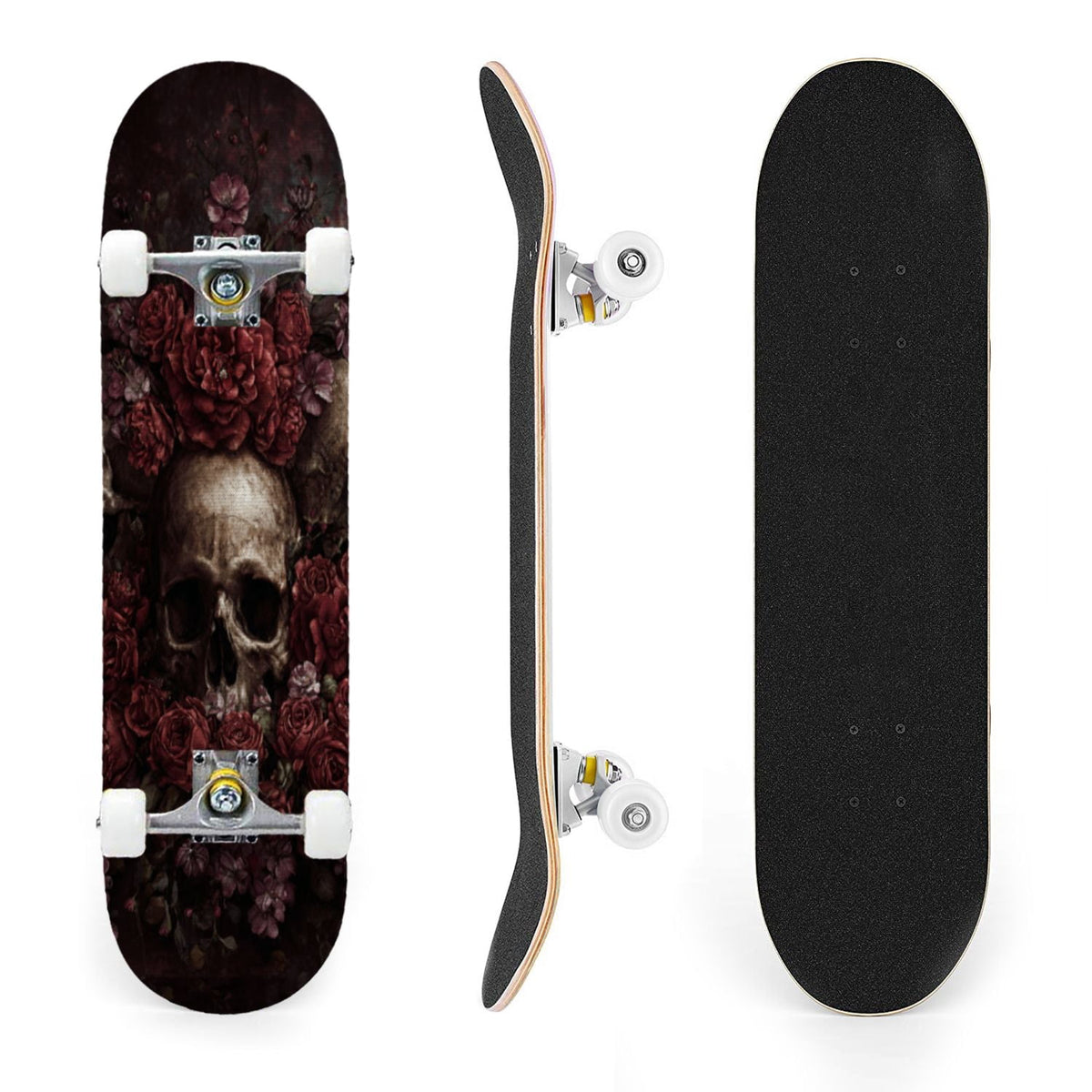 31"x8" Complete Skateboards for Beginners, Romantic Skeletons Blooming Roses Dark Academia Double Kick 7 Ply Canadian Maple Deck Skateboard with Wheels, Gifts for Kids Teens