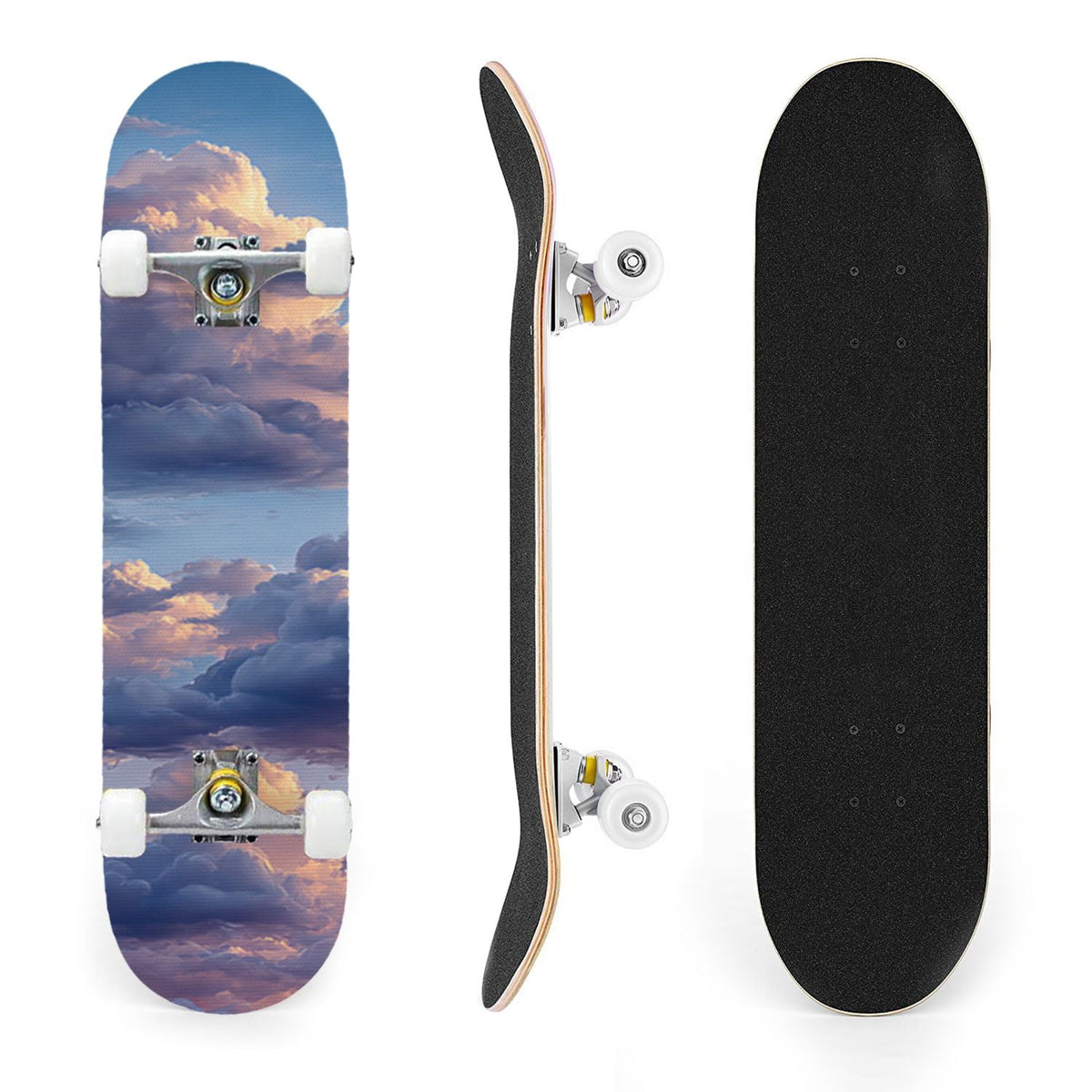 31"x8" Complete Skateboards for Beginners, Cute Light Blue Sky Cartoon Summer Decor Double Kick 7 Ply Canadian Maple Deck Skateboard with Wheels, Gifts for Kids Teens