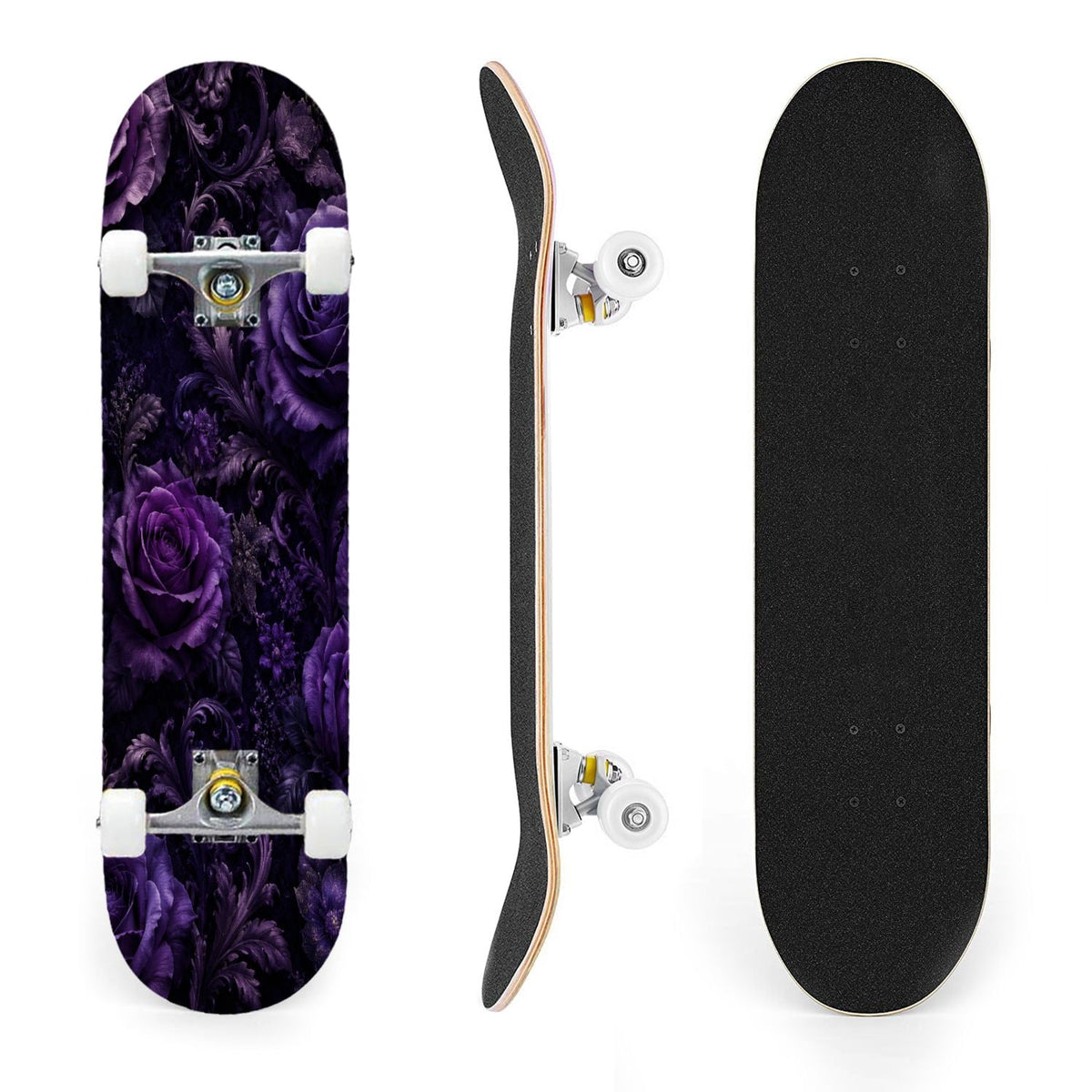 31"x8" Complete Skateboards for Beginners, Purple White Cosmos Flowers Butterflies Watercolor Double Kick 7 Ply Canadian Maple Deck Skateboard with Wheels, Gifts for Kids Teens