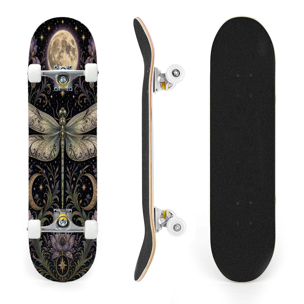 31"x8" Complete Skateboards for Beginners, Butterfly Garden Vintage Botanical Motifs Dark Green Teal Double Kick 7 Ply Canadian Maple Deck Skateboard with Wheels, Gifts for Kids Teens