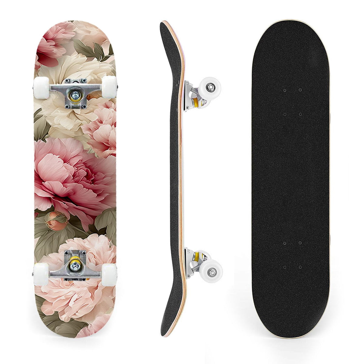 31"x8" Complete Skateboards for Beginners, Elegant Peony Floral Soft Pink White Tones Neutral Double Kick 7 Ply Canadian Maple Deck Skateboard with Wheels, Gifts for Kids Teens