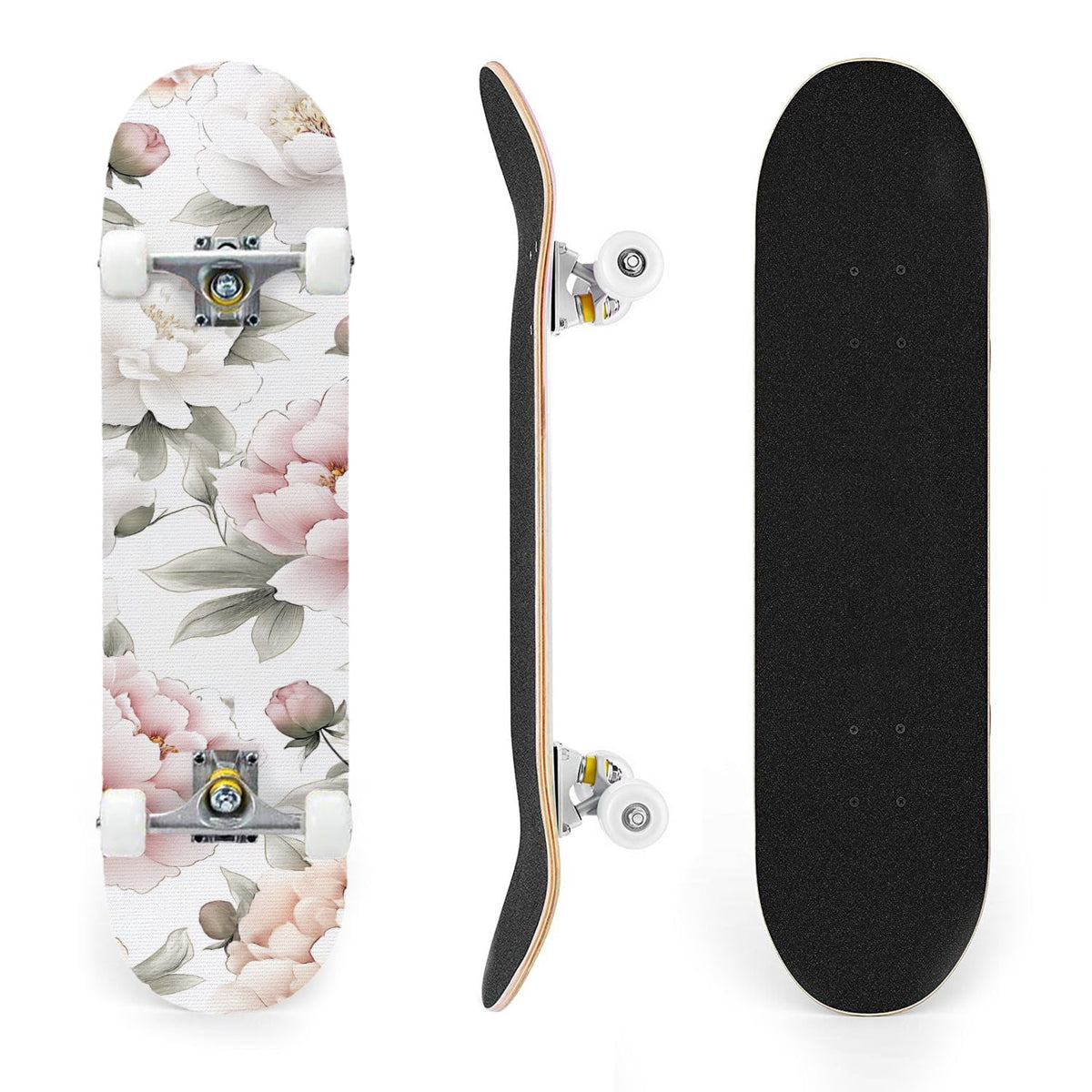 31"x8" Complete Skateboards for Beginners, Elegant Peony Floral Soft Pink White Tones Neutral Double Kick 7 Ply Canadian Maple Deck Skateboard with Wheels, Gifts for Kids Teens