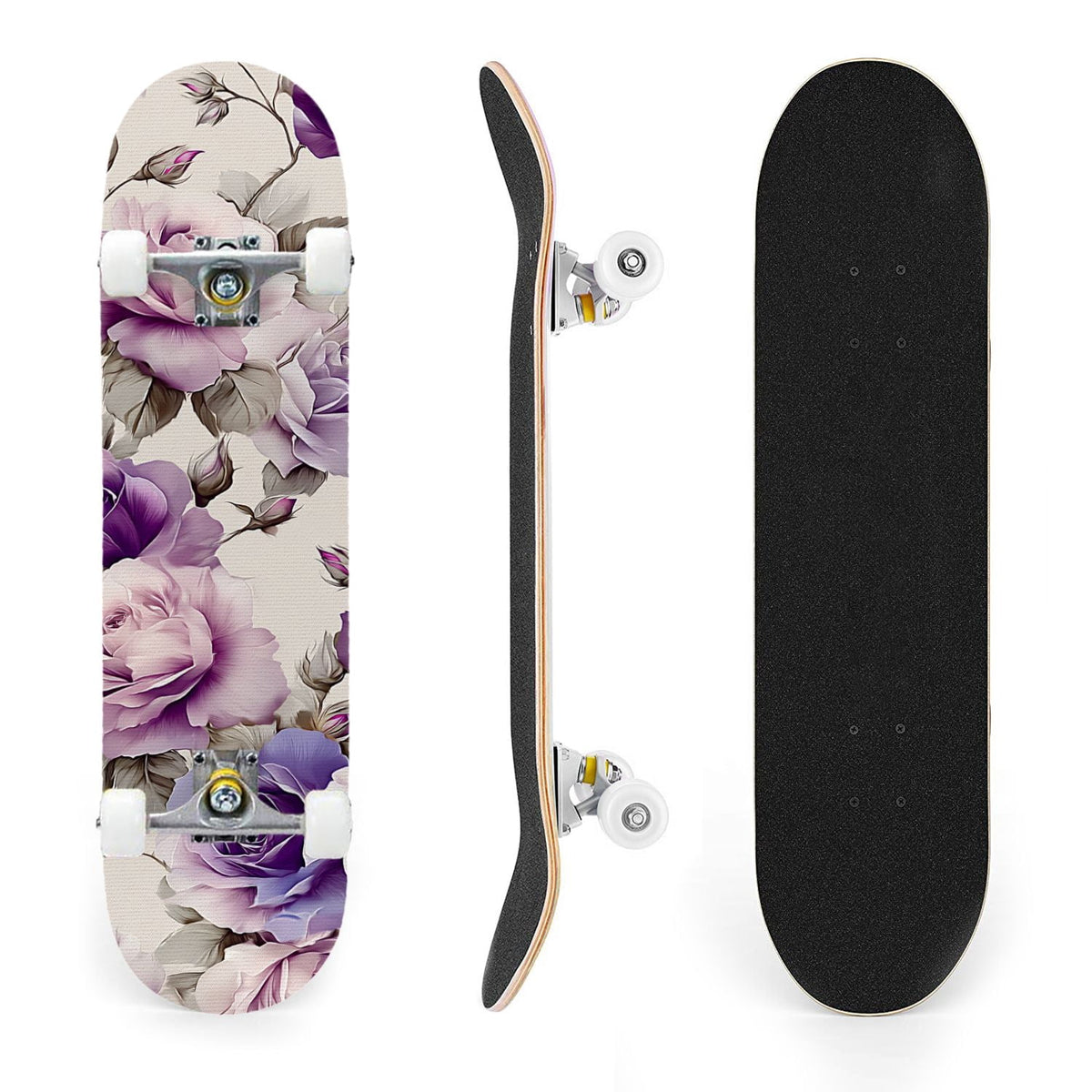 31"x8" Complete Skateboards for Beginners, Elegant Floral Pink Roses Blue Butterflies Double Kick 7 Ply Canadian Maple Deck Skateboard with Wheels, Gifts for Kids Teens