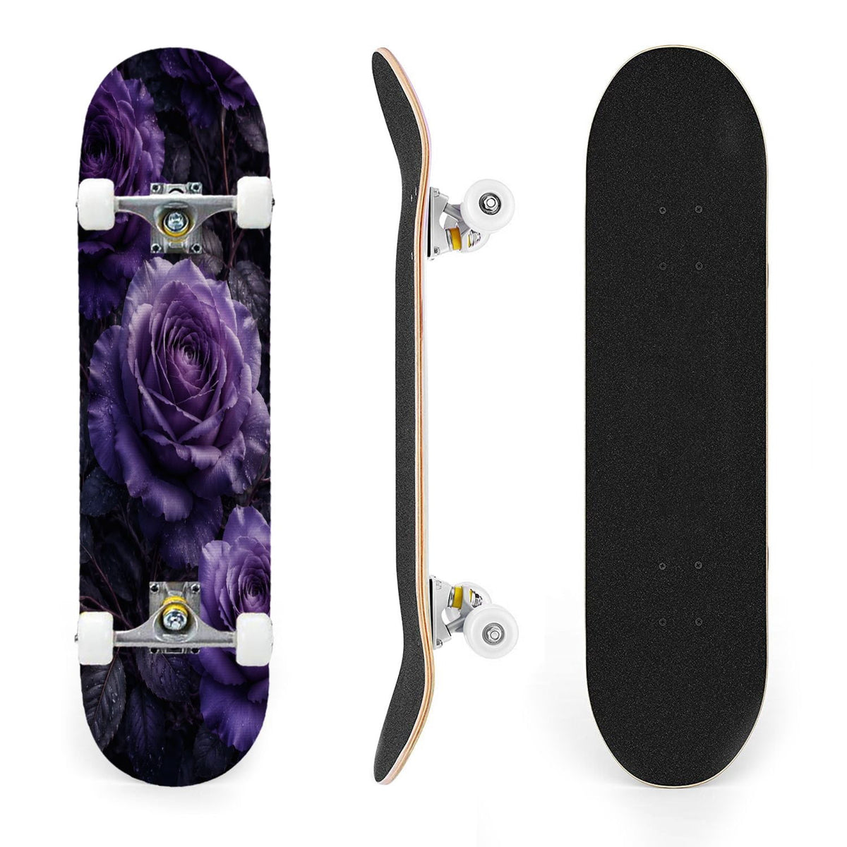 31"x8" Complete Skateboards for Beginners, Vibrant Purple Teal Floral Artwork Golden Accents Vintage Double Kick 7 Ply Canadian Maple Deck Skateboard with Wheels, Gifts for Kids Teens