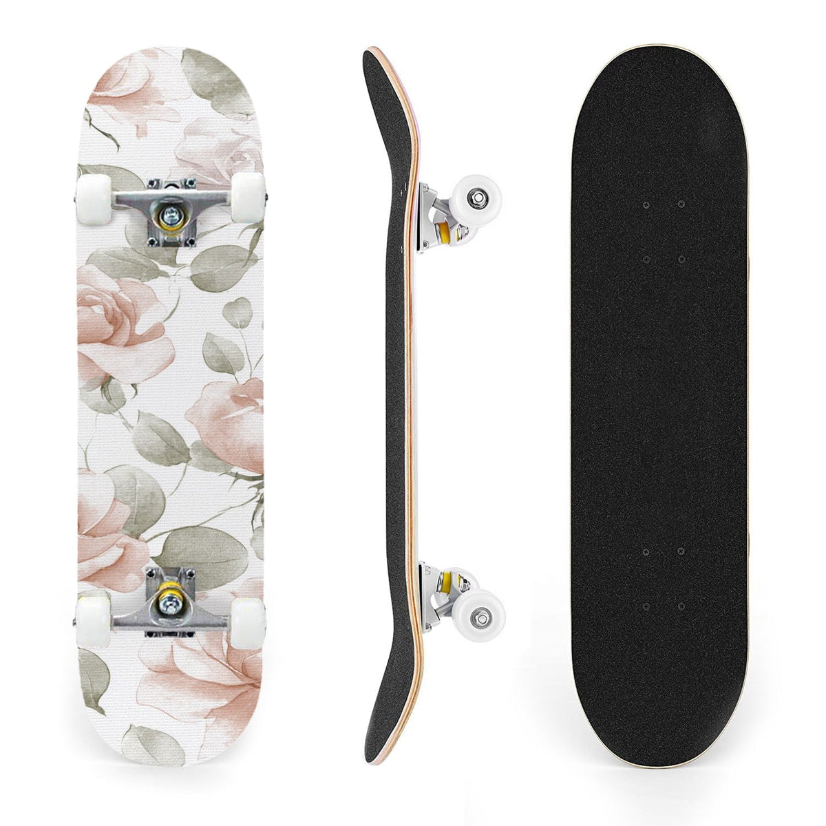 31"x8" Complete Skateboards for Beginners, Elegant Peony Floral Soft Pink White Tones Neutral Double Kick 7 Ply Canadian Maple Deck Skateboard with Wheels, Gifts for Kids Teens