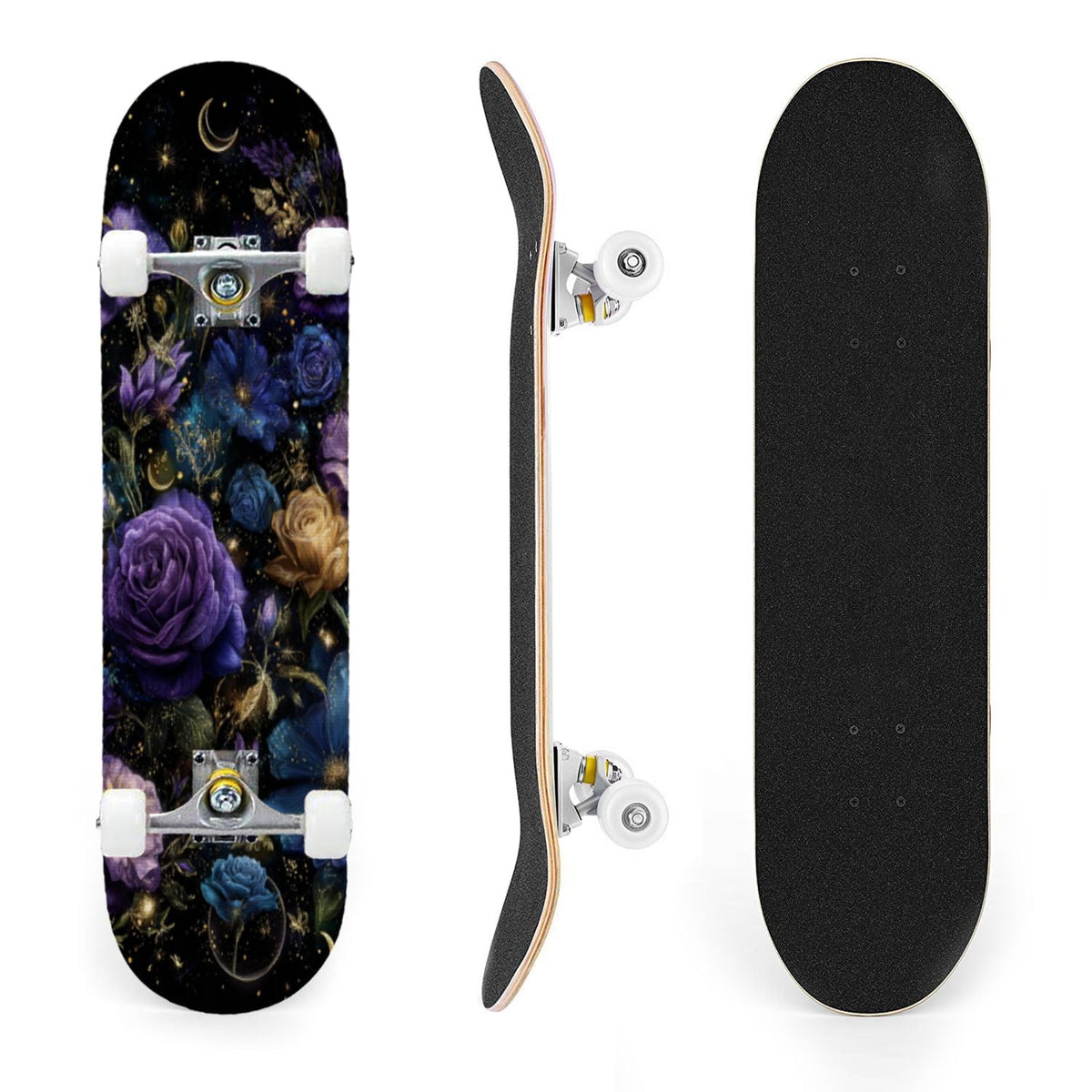 31"x8" Complete Skateboards for Beginners, Ethereal Night Garden Roses Starry Sky Dark Academia Double Kick 7 Ply Canadian Maple Deck Skateboard with Wheels, Gifts for Kids Teens