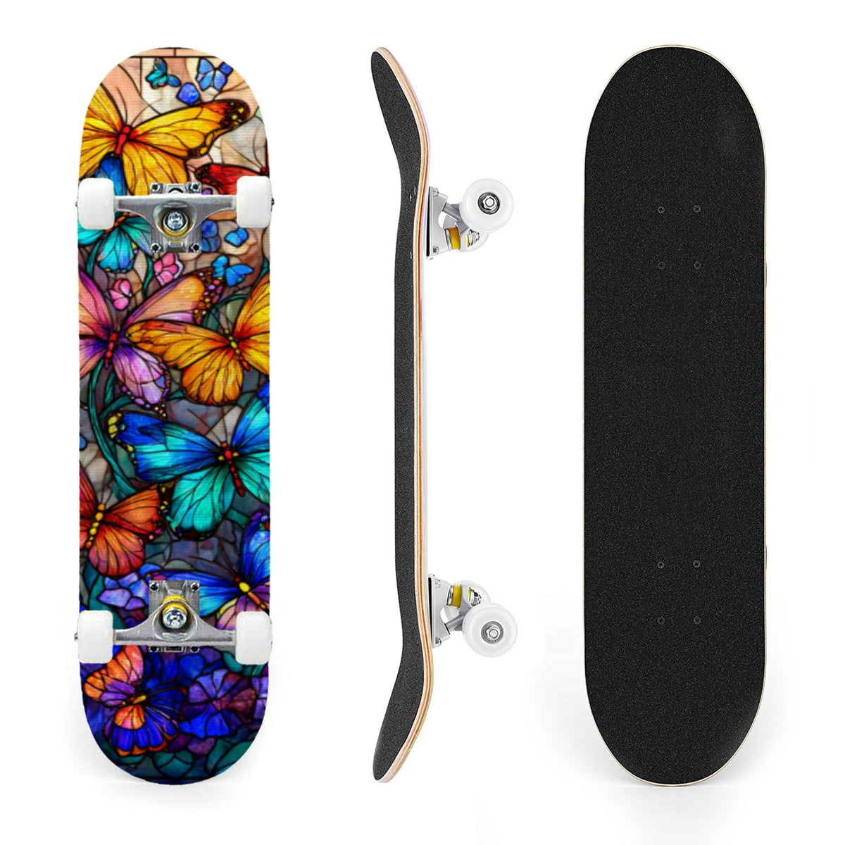 31"x8" Complete Skateboards for Beginners, Vibrant Stained Glass Window Butterflies Flowers Double Kick 7 Ply Canadian Maple Deck Skateboard with Wheels, Gifts for Kids Teens