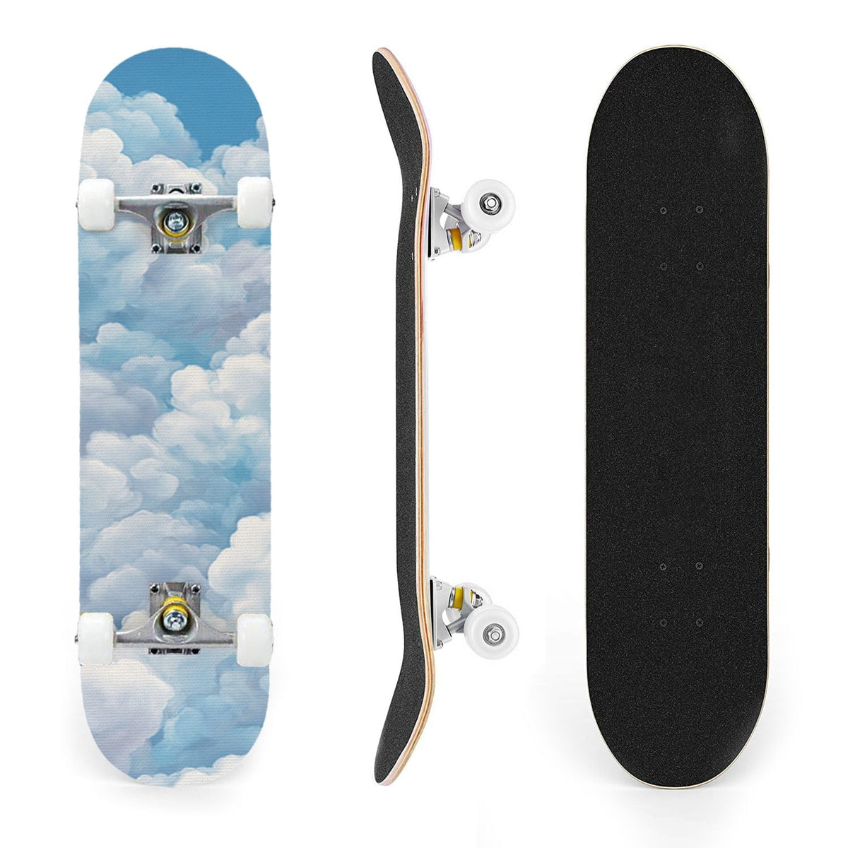 31"x8" Complete Skateboards for Beginners, Cute Light Blue Sky Cartoon Summer Decor Double Kick 7 Ply Canadian Maple Deck Skateboard with Wheels, Gifts for Kids Teens