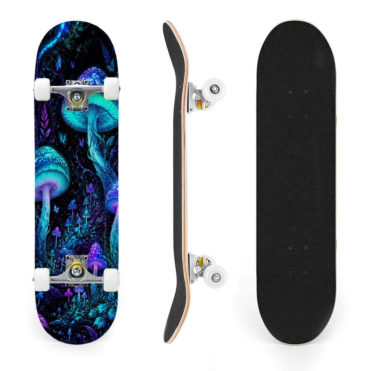 31"x8" Complete Skateboards for Beginners, Glowing Bioluminescent Mushrooms Mystical Forest Double Kick 7 Ply Canadian Maple Deck Skateboard with Wheels, Gifts for Kids Teens