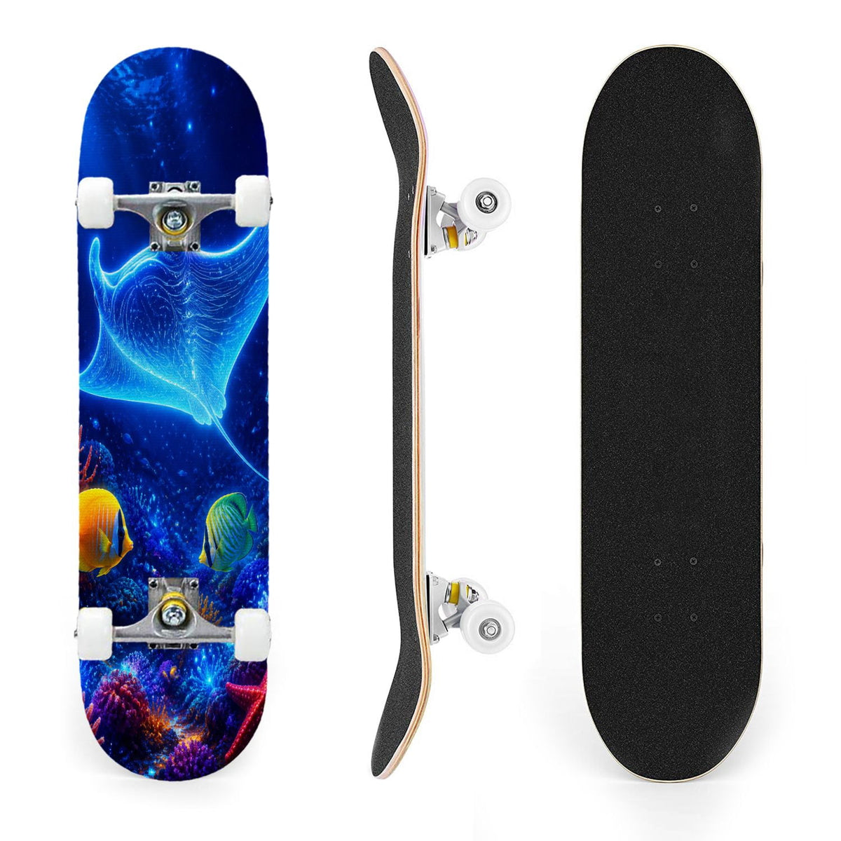 31"x8" Complete Skateboards for Beginners, Underwater Sharks Glowing Purple Jellyfish Marine Life Double Kick 7 Ply Canadian Maple Deck Skateboard with Wheels, Gifts for Kids Teens