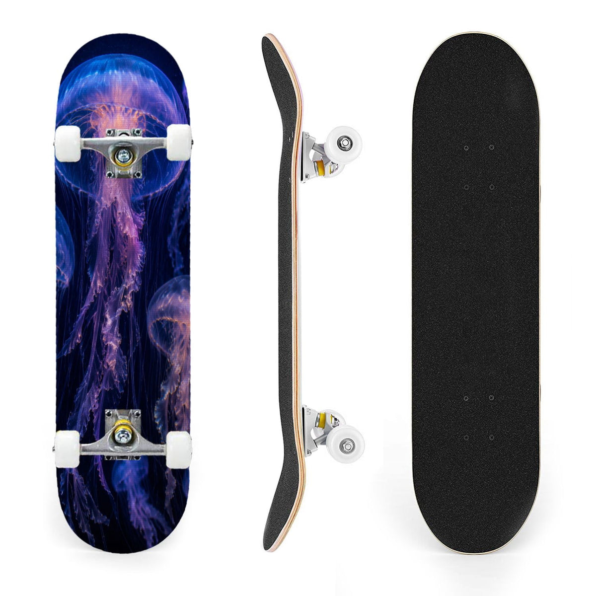 31"x8" Complete Skateboards for Beginners, Underwater Sharks Glowing Purple Jellyfish Marine Life Double Kick 7 Ply Canadian Maple Deck Skateboard with Wheels, Gifts for Kids Teens