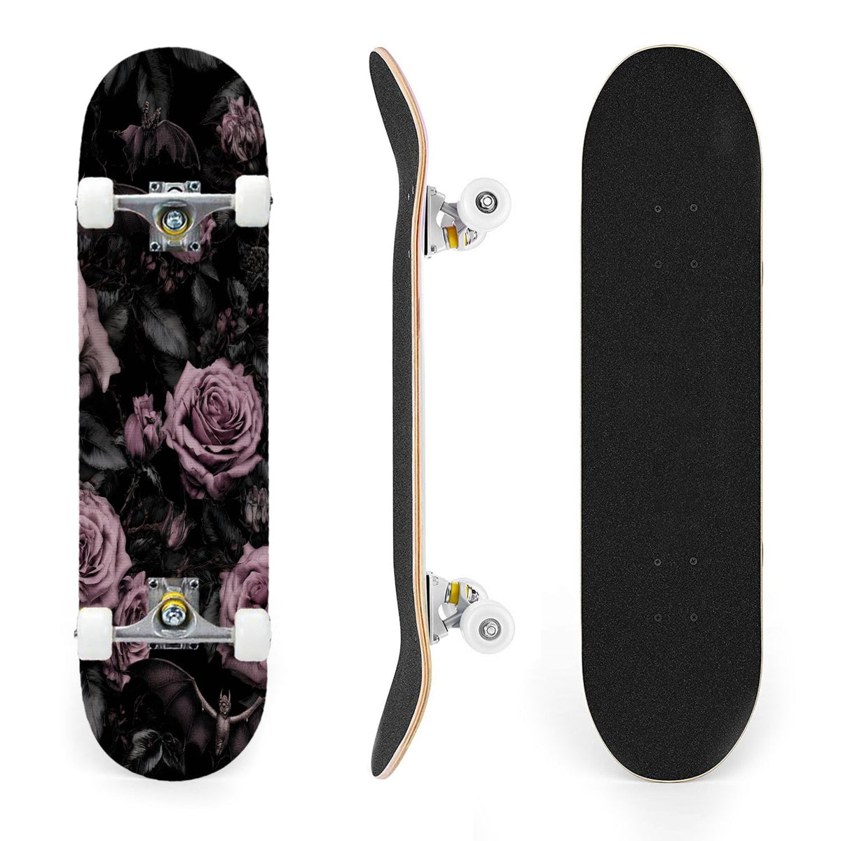 31"x8" Complete Skateboards for Beginners, Ethereal Night Garden Roses Starry Sky Dark Academia Double Kick 7 Ply Canadian Maple Deck Skateboard with Wheels, Gifts for Kids Teens