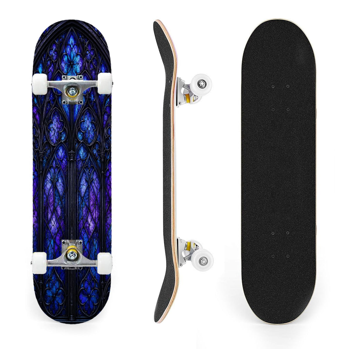 31"x8" Complete Skateboards for Beginners, Purple White Cosmos Flowers Butterflies Watercolor Double Kick 7 Ply Canadian Maple Deck Skateboard with Wheels, Gifts for Kids Teens