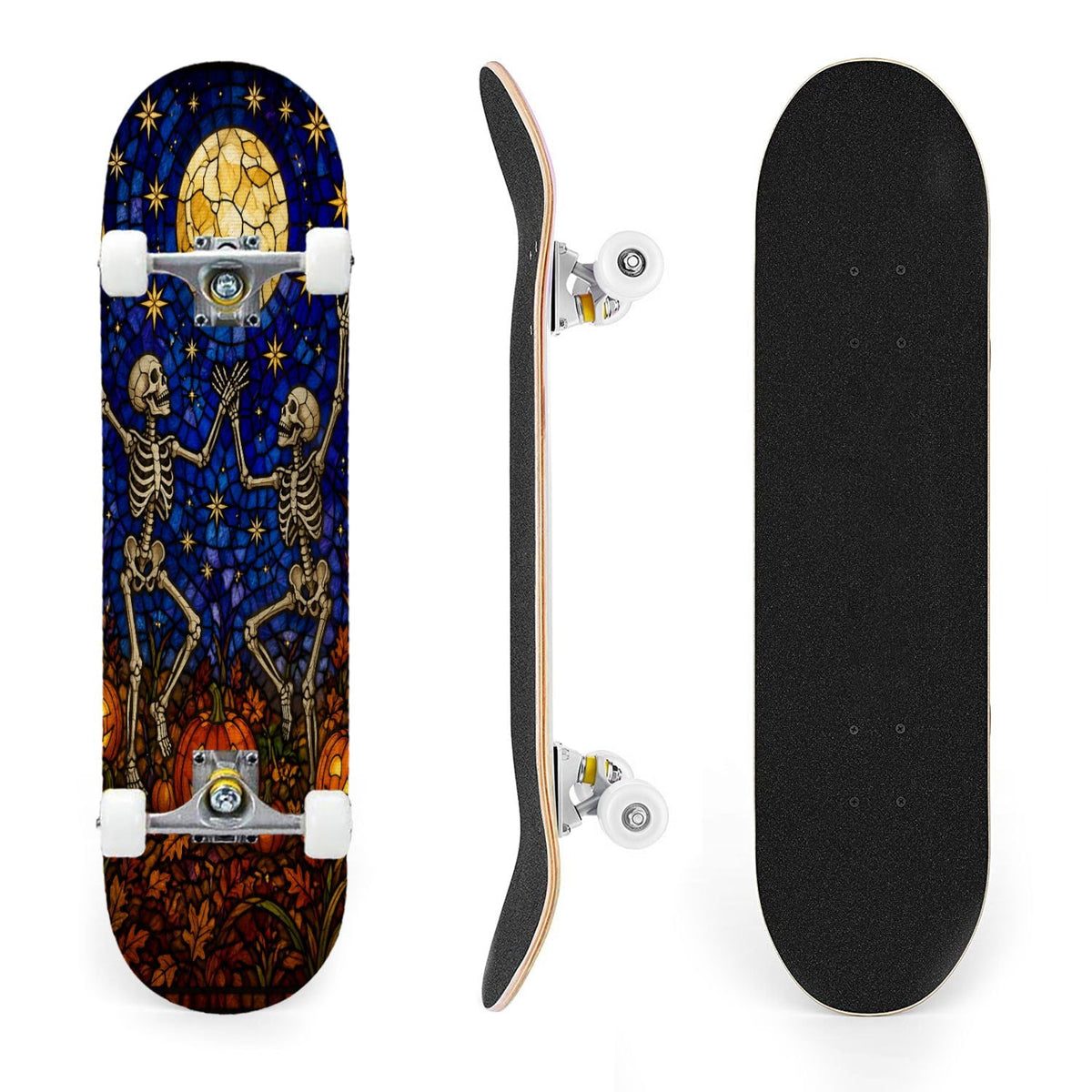 31"x8" Complete Skateboards for Beginners, Colorful Sugar Skull Vibrant Floral Day of the Dead Double Kick 7 Ply Canadian Maple Deck Skateboard with Wheels, Gifts for Kids Teens