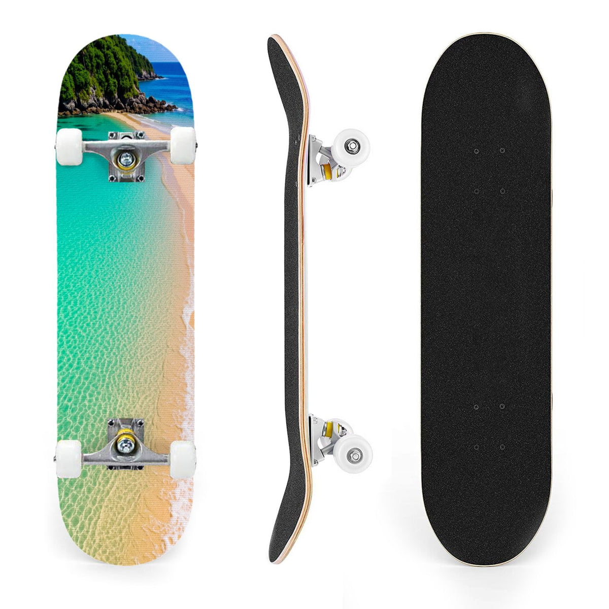31"x8" Complete Skateboards for Beginners, Idyllic Tropical Beach Turquoise Water Golden Sand Shoreline Double Kick 7 Ply Canadian Maple Deck Skateboard with Wheels, Gifts for Kids Teens