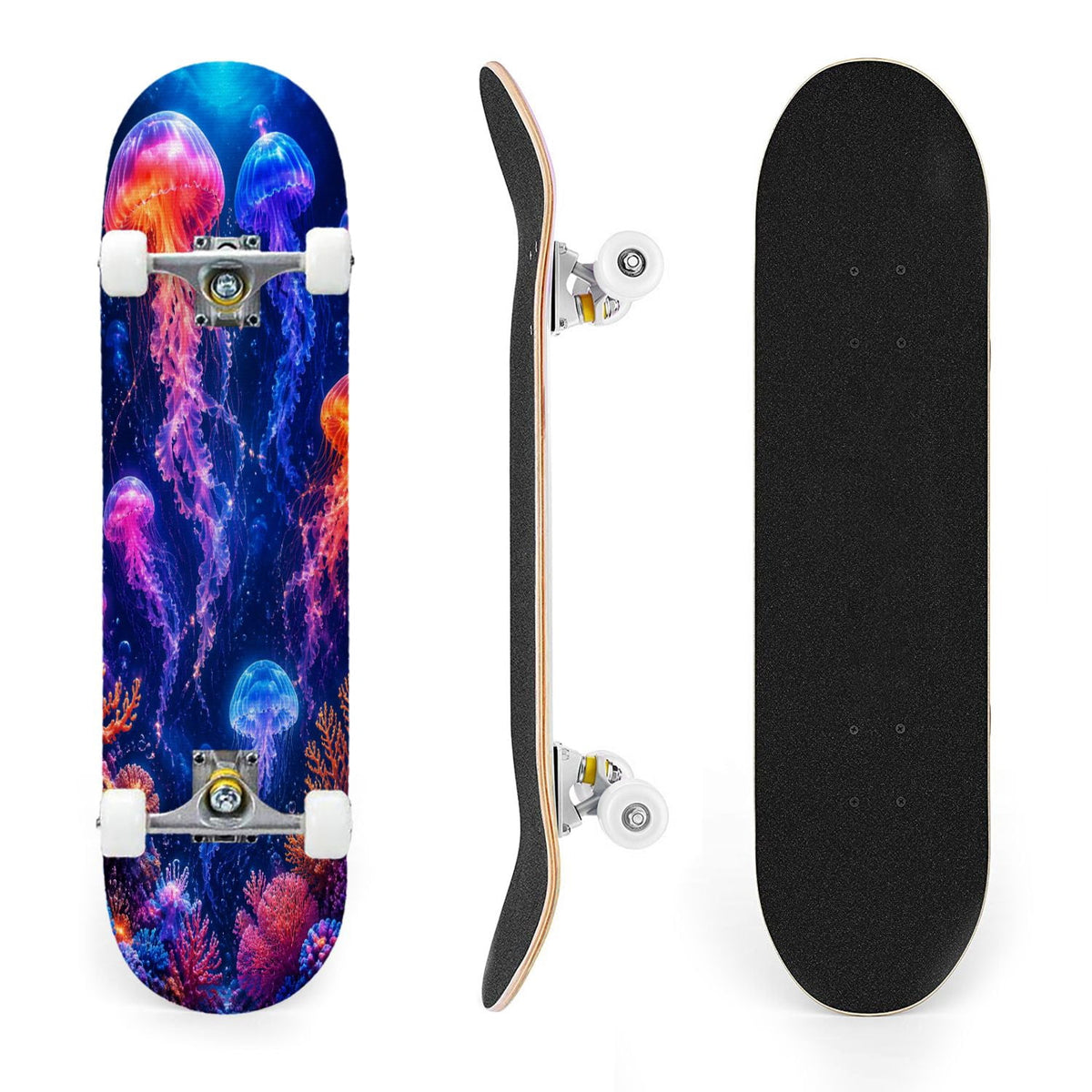 31"x8" Complete Skateboards for Beginners, Seashell Starfish Blue White Nautical Marine Life Double Kick 7 Ply Canadian Maple Deck Skateboard with Wheels, Gifts for Kids Teens