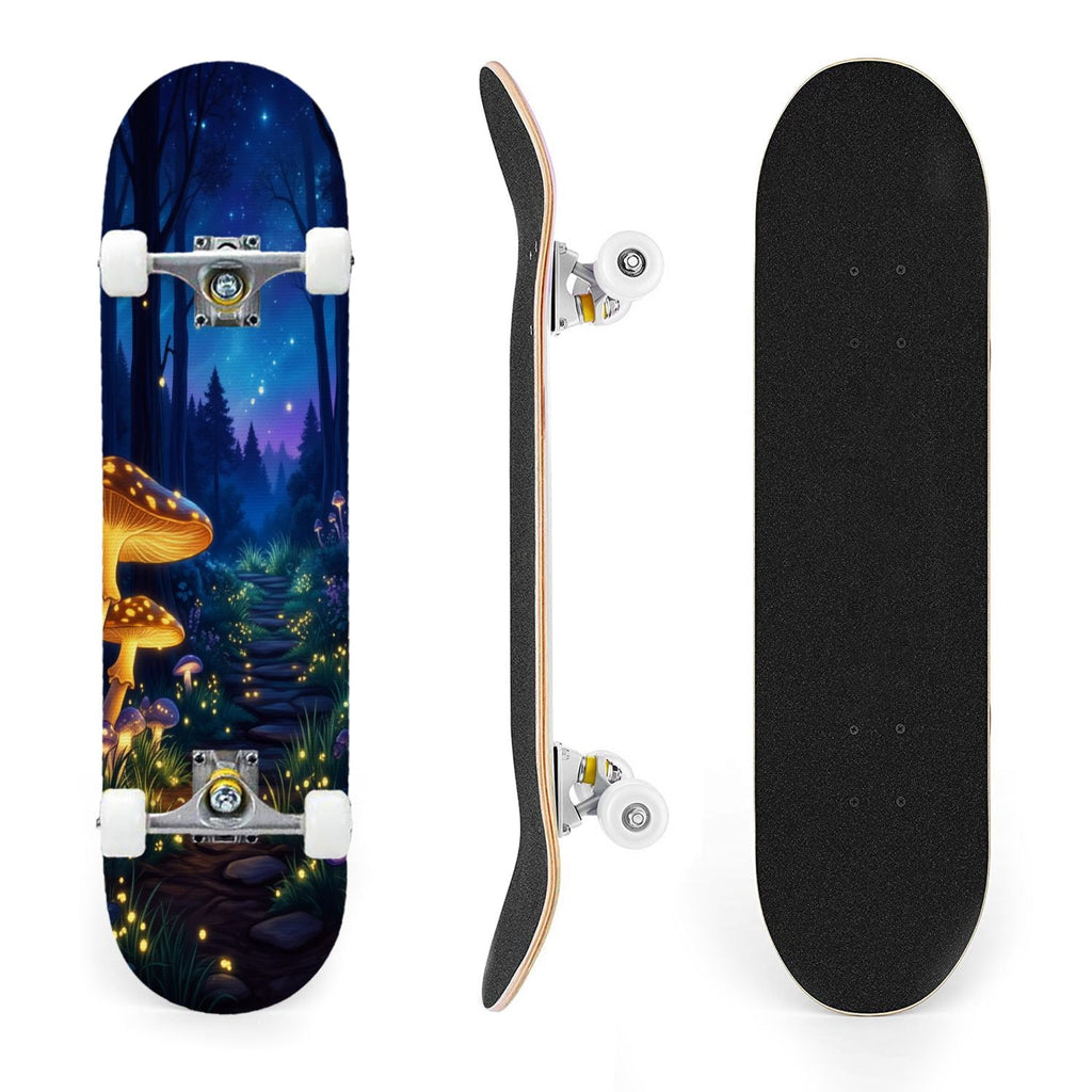 31"x8" Complete Skateboards for Beginners, Magical Forest Glowing Mushrooms Twinkling Fantasy Double Kick 7 Ply Canadian Maple Deck Skateboard with Wheels, Gifts for Kids Teens