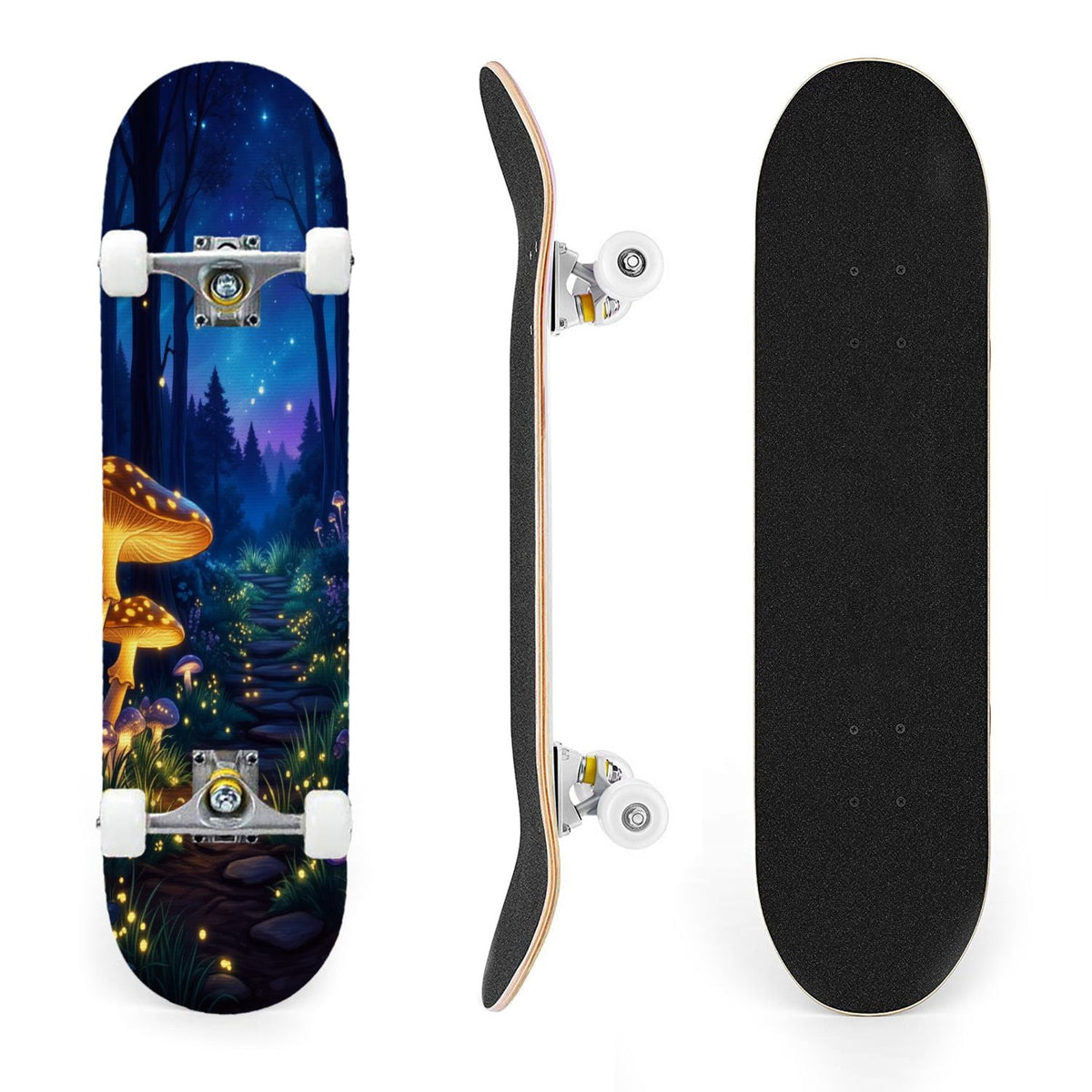 31"x8" Complete Skateboards for Beginners, Magical Forest Glowing Mushrooms Twinkling Fantasy Double Kick 7 Ply Canadian Maple Deck Skateboard with Wheels, Gifts for Kids Teens