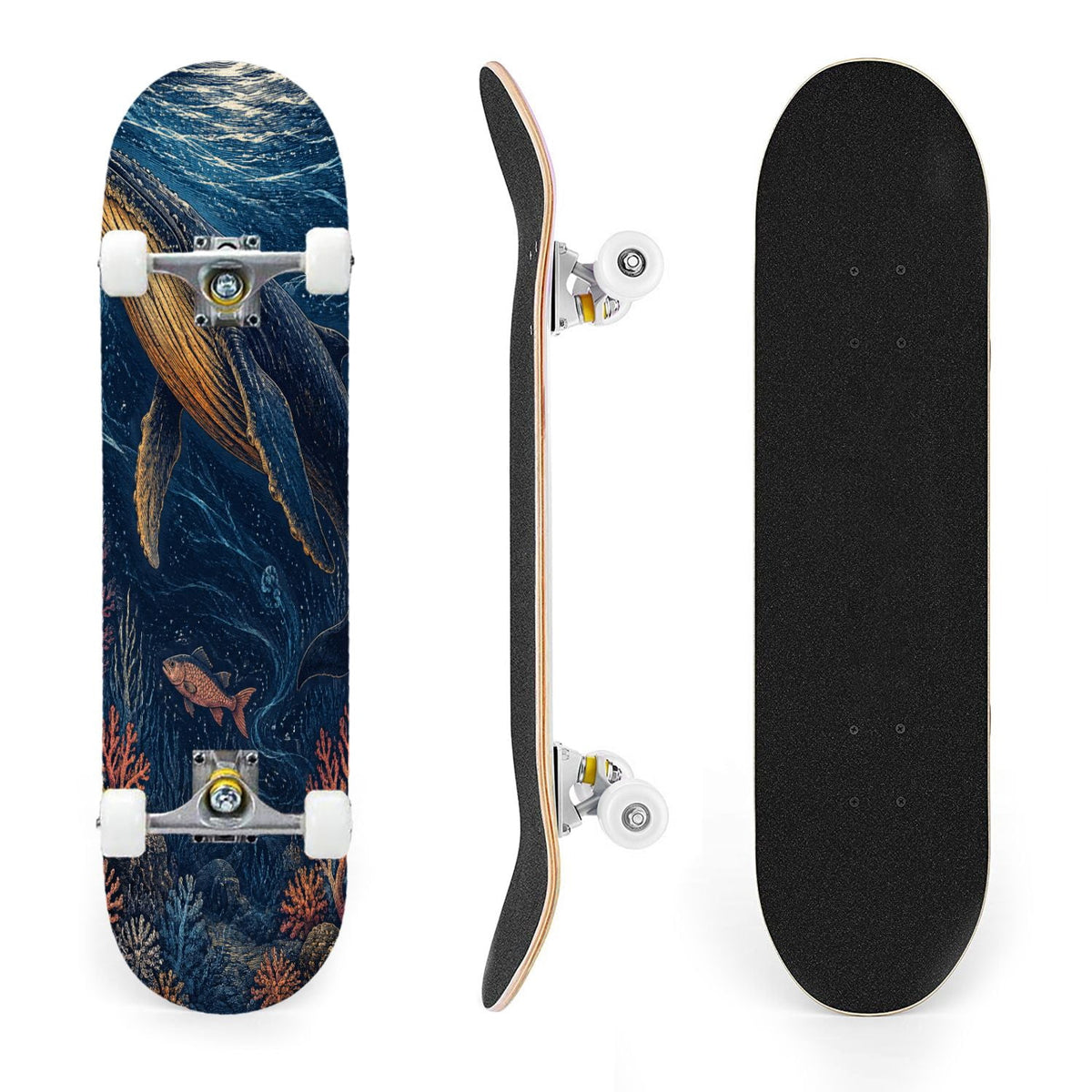 31"x8" Complete Skateboards for Beginners, Underwater Sharks Glowing Purple Jellyfish Marine Life Double Kick 7 Ply Canadian Maple Deck Skateboard with Wheels, Gifts for Kids Teens