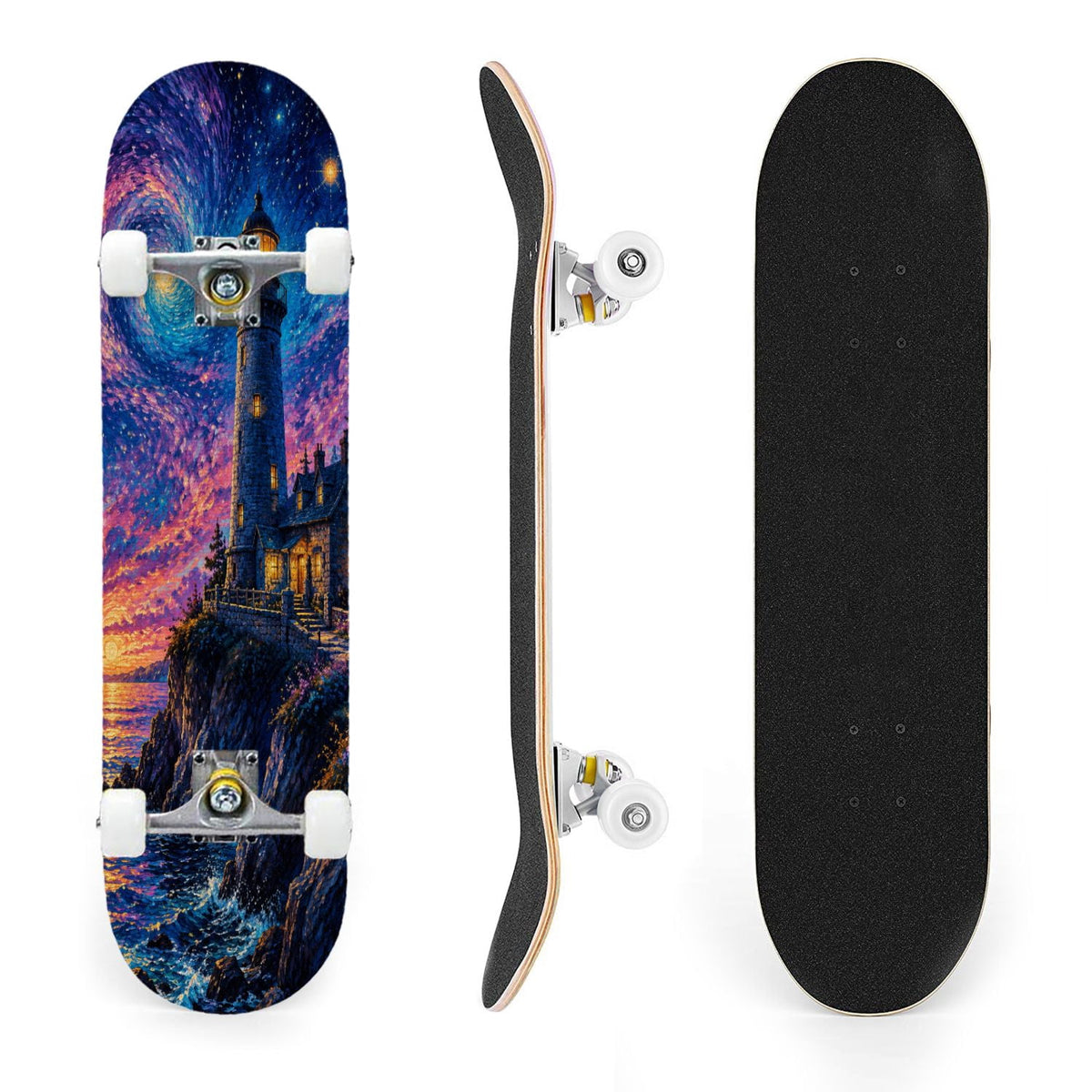 31"x8" Complete Skateboards for Beginners, Underwater Sharks Glowing Purple Jellyfish Marine Life Double Kick 7 Ply Canadian Maple Deck Skateboard with Wheels, Gifts for Kids Teens