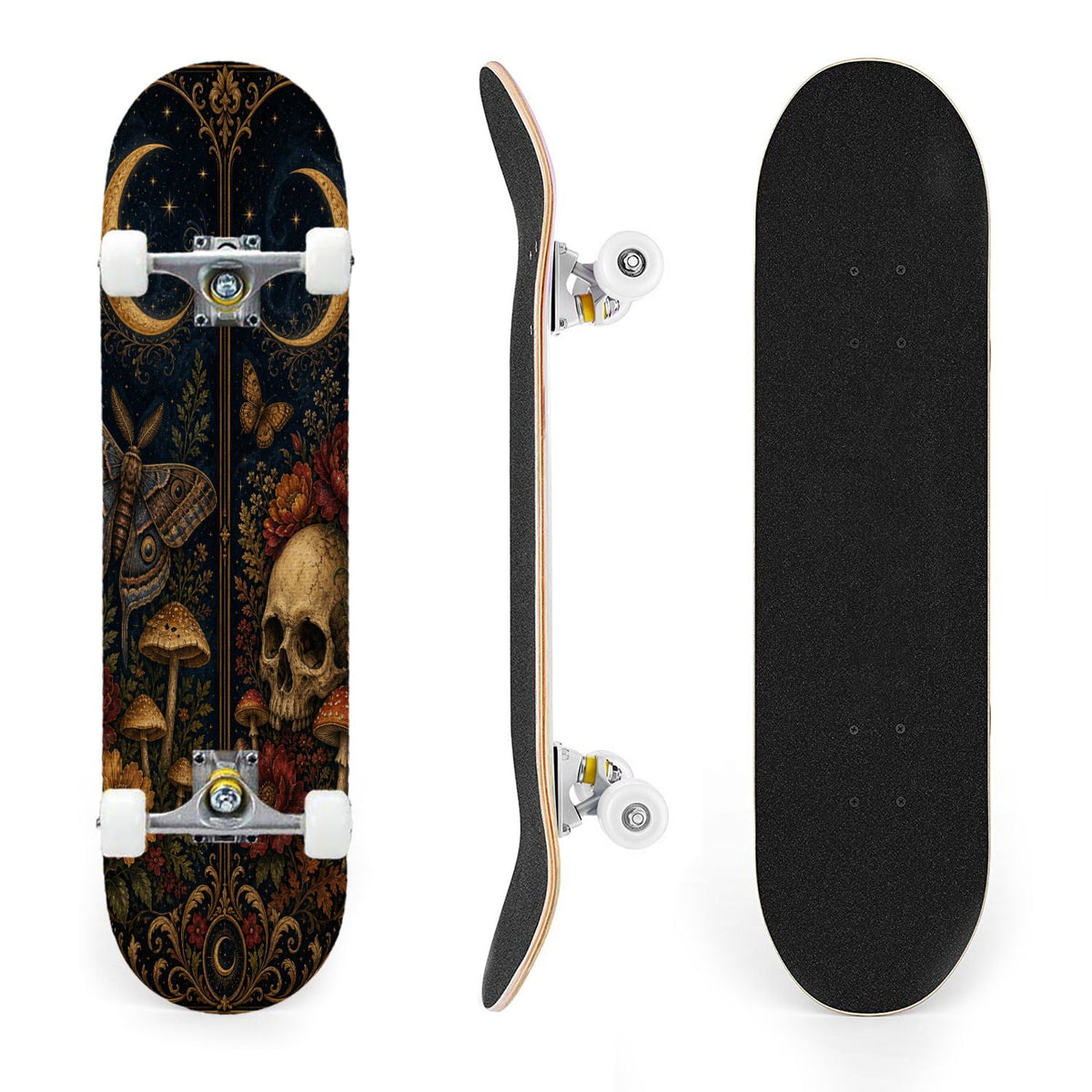 31"x8" Complete Skateboards for Beginners, Butterfly Garden Vintage Botanical Motifs Dark Green Teal Double Kick 7 Ply Canadian Maple Deck Skateboard with Wheels, Gifts for Kids Teens