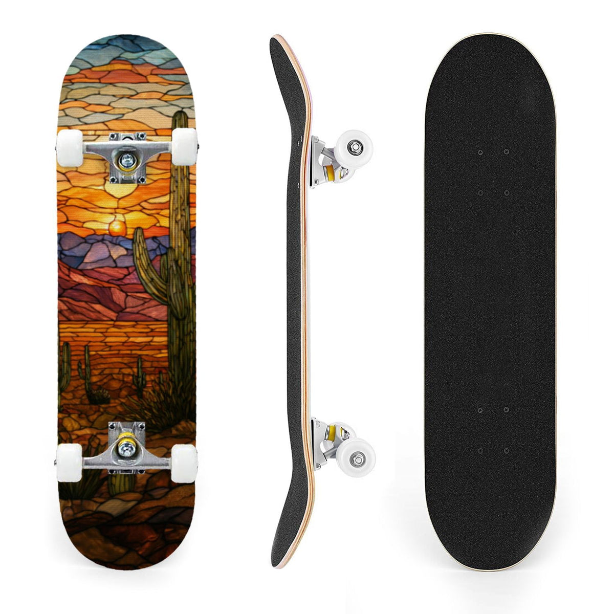 31"x8" Complete Skateboards for Beginners, Vibrant Stained Glass Window Butterflies Flowers Double Kick 7 Ply Canadian Maple Deck Skateboard with Wheels, Gifts for Kids Teens
