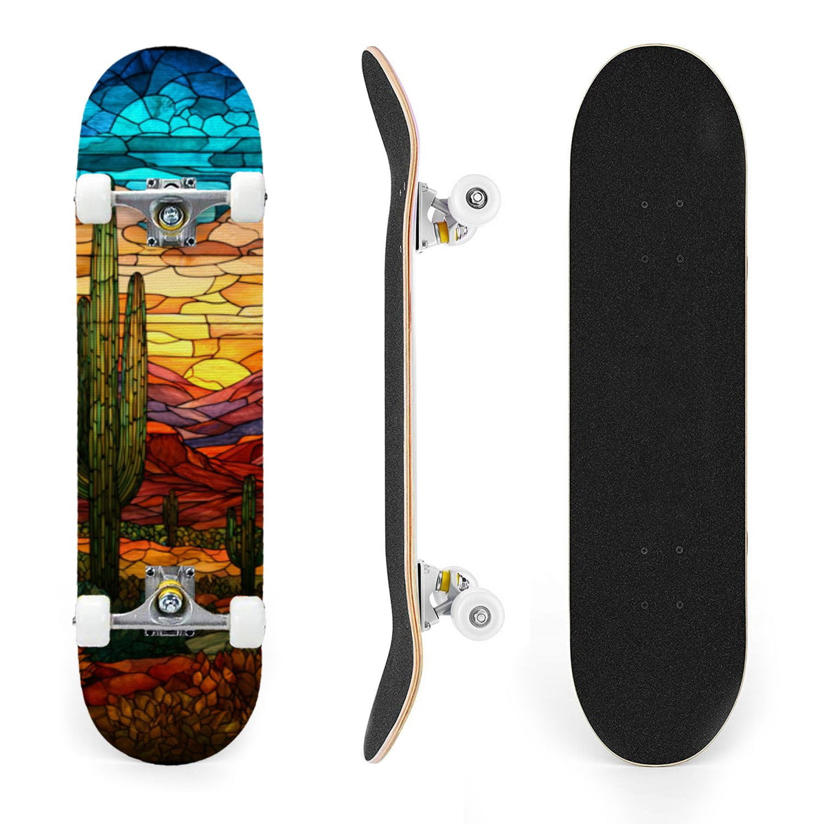 31"x8" Complete Skateboards for Beginners, Vibrant Stained Glass Window Butterflies Flowers Double Kick 7 Ply Canadian Maple Deck Skateboard with Wheels, Gifts for Kids Teens