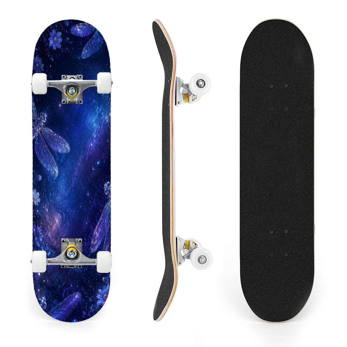 31"x8" Complete Skateboards for Beginners, Blue Moth Moonlight Flowers Mushrooms Forest Double Kick 7 Ply Canadian Maple Deck Skateboard with Wheels, Gifts for Kids Teens