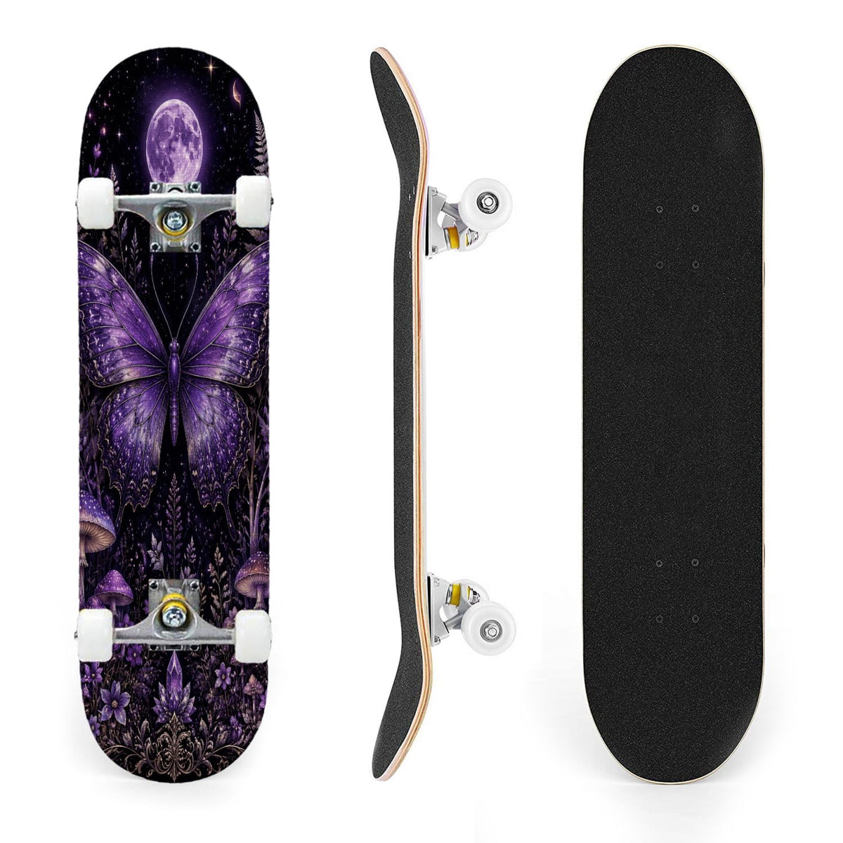 31"x8" Complete Skateboards for Beginners, Blue Moth Moonlight Flowers Mushrooms Forest Double Kick 7 Ply Canadian Maple Deck Skateboard with Wheels, Gifts for Kids Teens