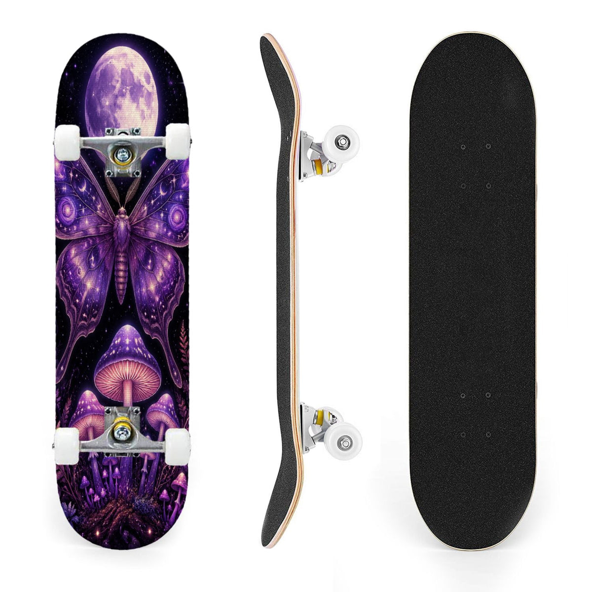 31"x8" Complete Skateboards for Beginners, Purple Floral Roses Butterfly Starry Vintage Botanical Double Kick 7 Ply Canadian Maple Deck Skateboard with Wheels, Gifts for Kids Teens