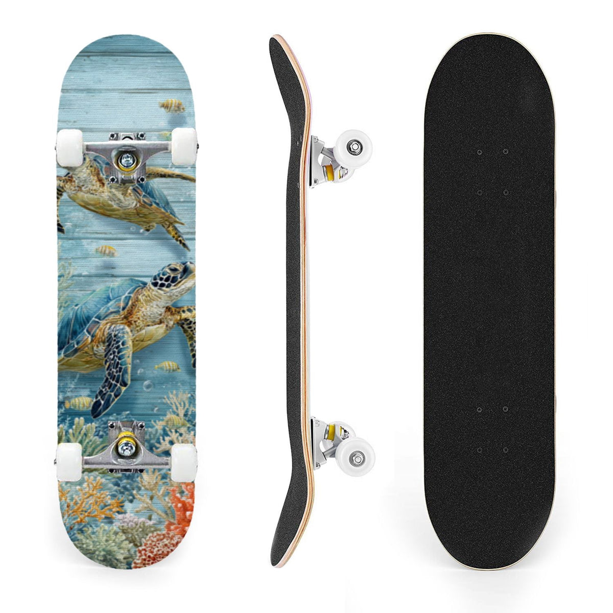31"x8" Complete Skateboards for Beginners, Turquoise Flowers Teal Daisy Flower Butterfly Blue Romantic Double Kick 7 Ply Canadian Maple Deck Skateboard with Wheels, Gifts for Kids Teens