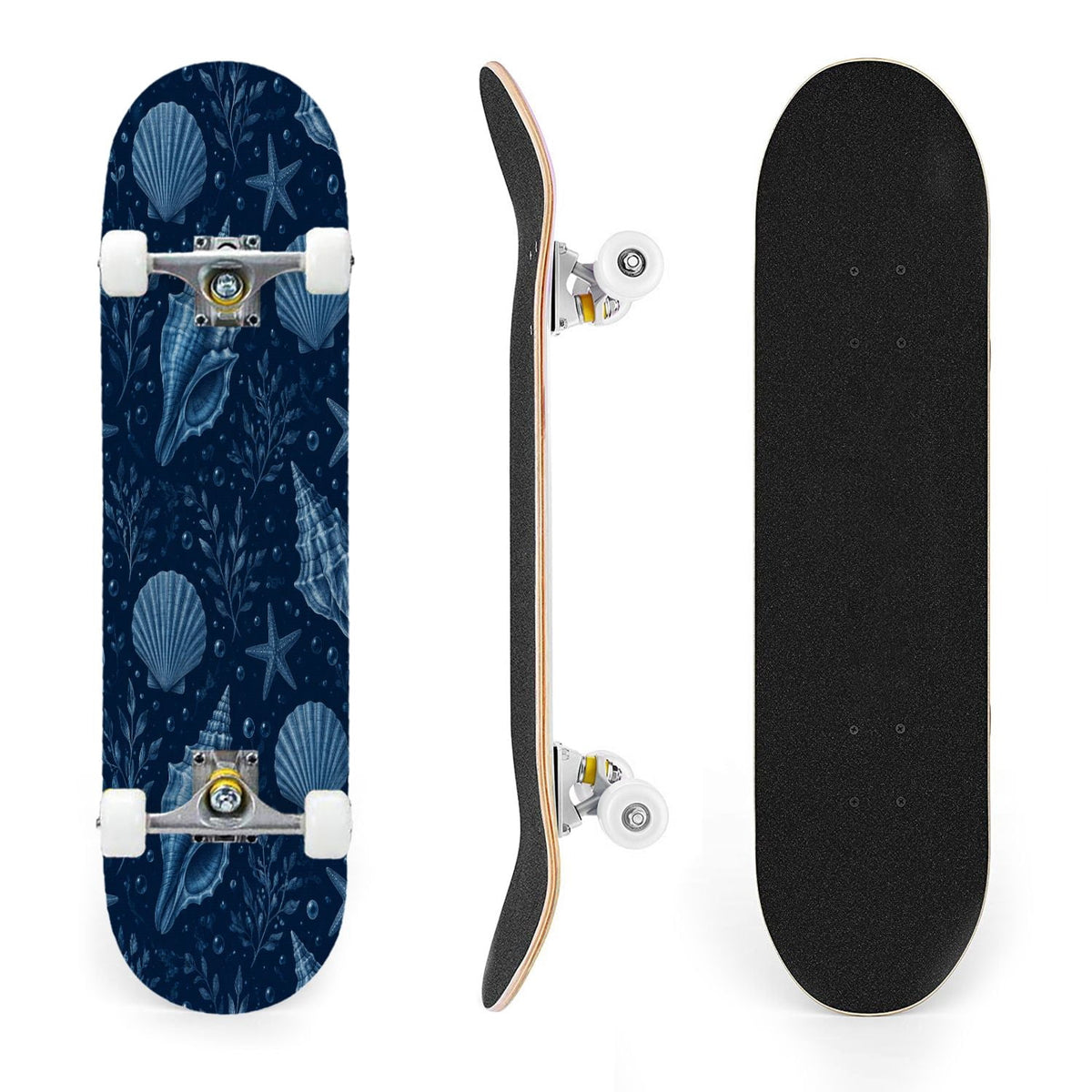 31"x8" Complete Skateboards for Beginners, Seashell Starfish Blue White Nautical Marine Life Double Kick 7 Ply Canadian Maple Deck Skateboard with Wheels, Gifts for Kids Teens