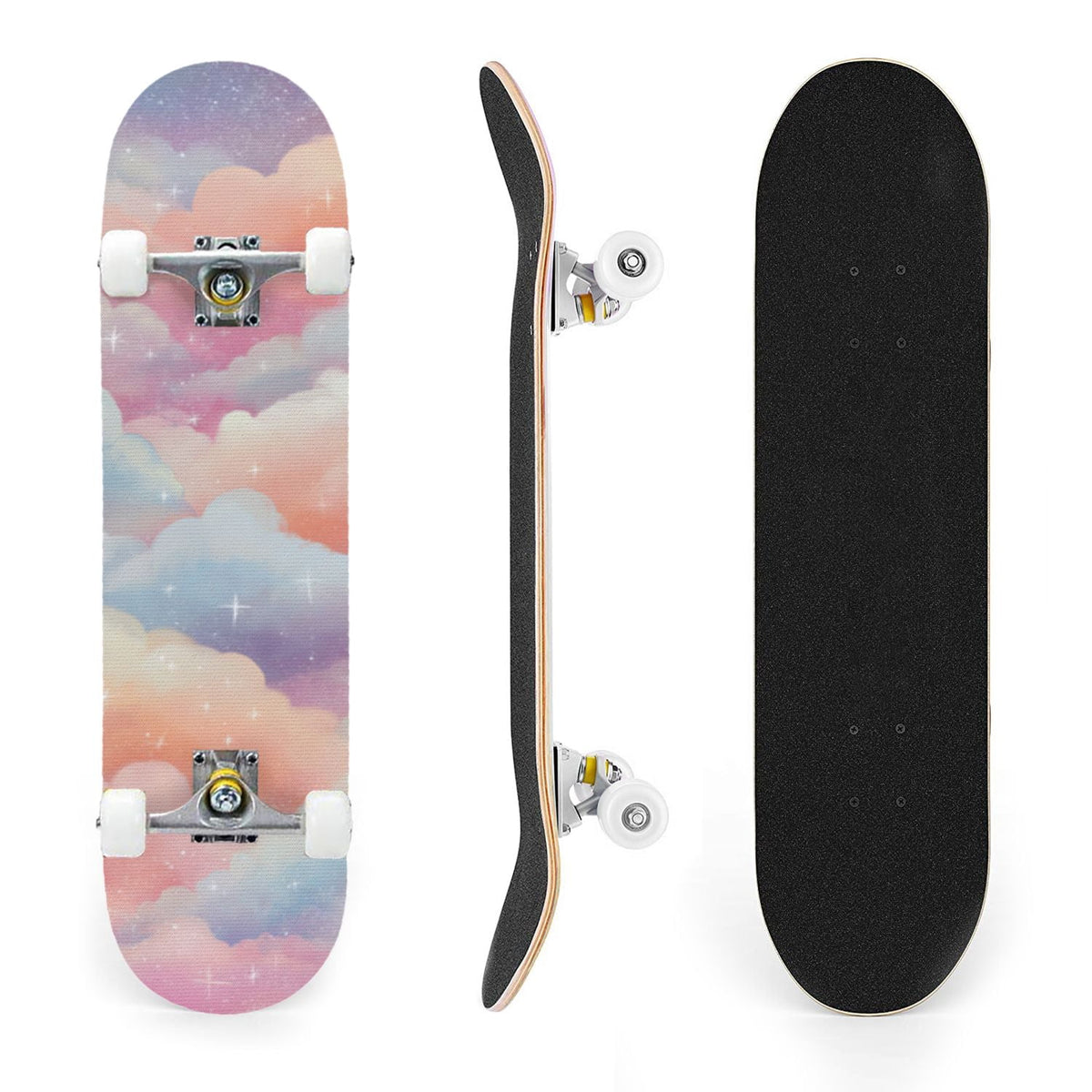 31"x8" Complete Skateboards for Beginners, Pastel Clouds Sparkles Dreamy Gradient Sky Summer Decor Double Kick 7 Ply Canadian Maple Deck Skateboard with Wheels, Gifts for Kids Teens