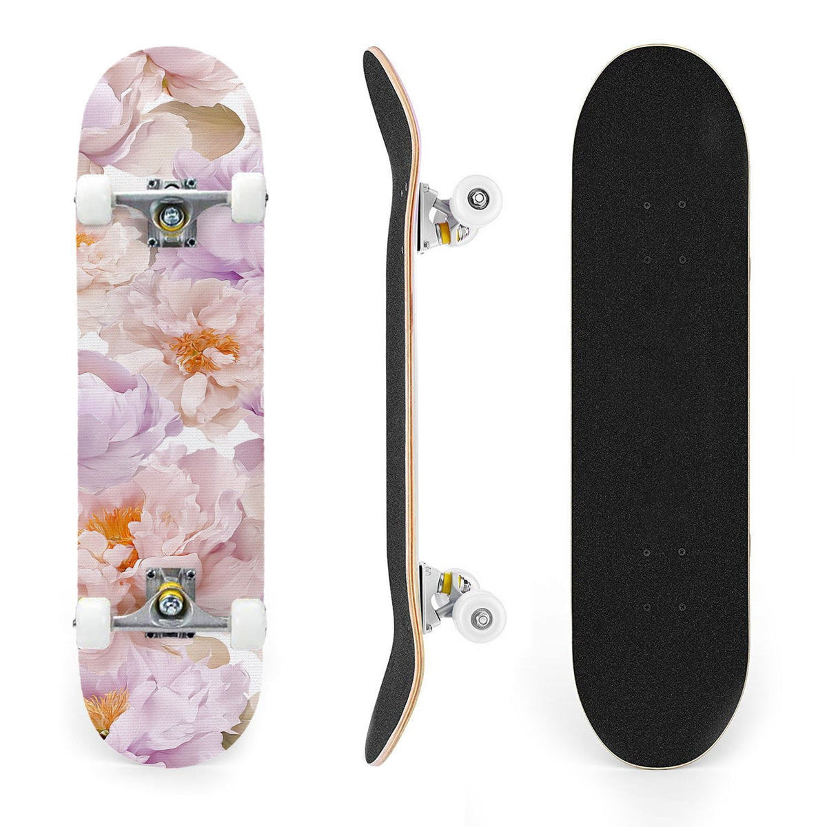 31"x8" Complete Skateboards for Beginners, Elegant Peony Floral Soft Pink White Tones Neutral Double Kick 7 Ply Canadian Maple Deck Skateboard with Wheels, Gifts for Kids Teens
