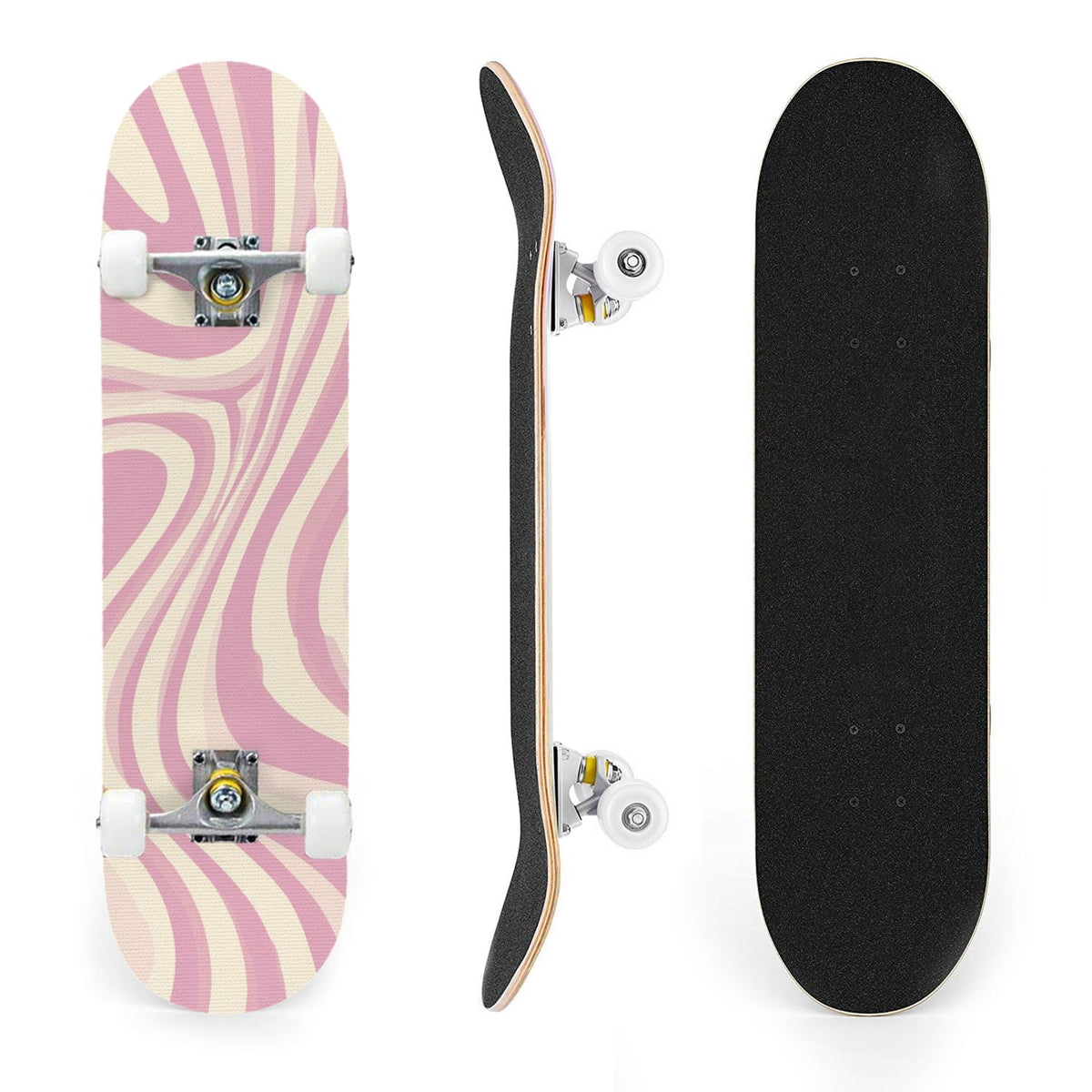 31"x8" Complete Skateboards for Beginners, Abstract Wavy Purple Beige Zebra Design Double Kick 7 Ply Canadian Maple Deck Skateboard with Wheels, Gifts for Kids Teens