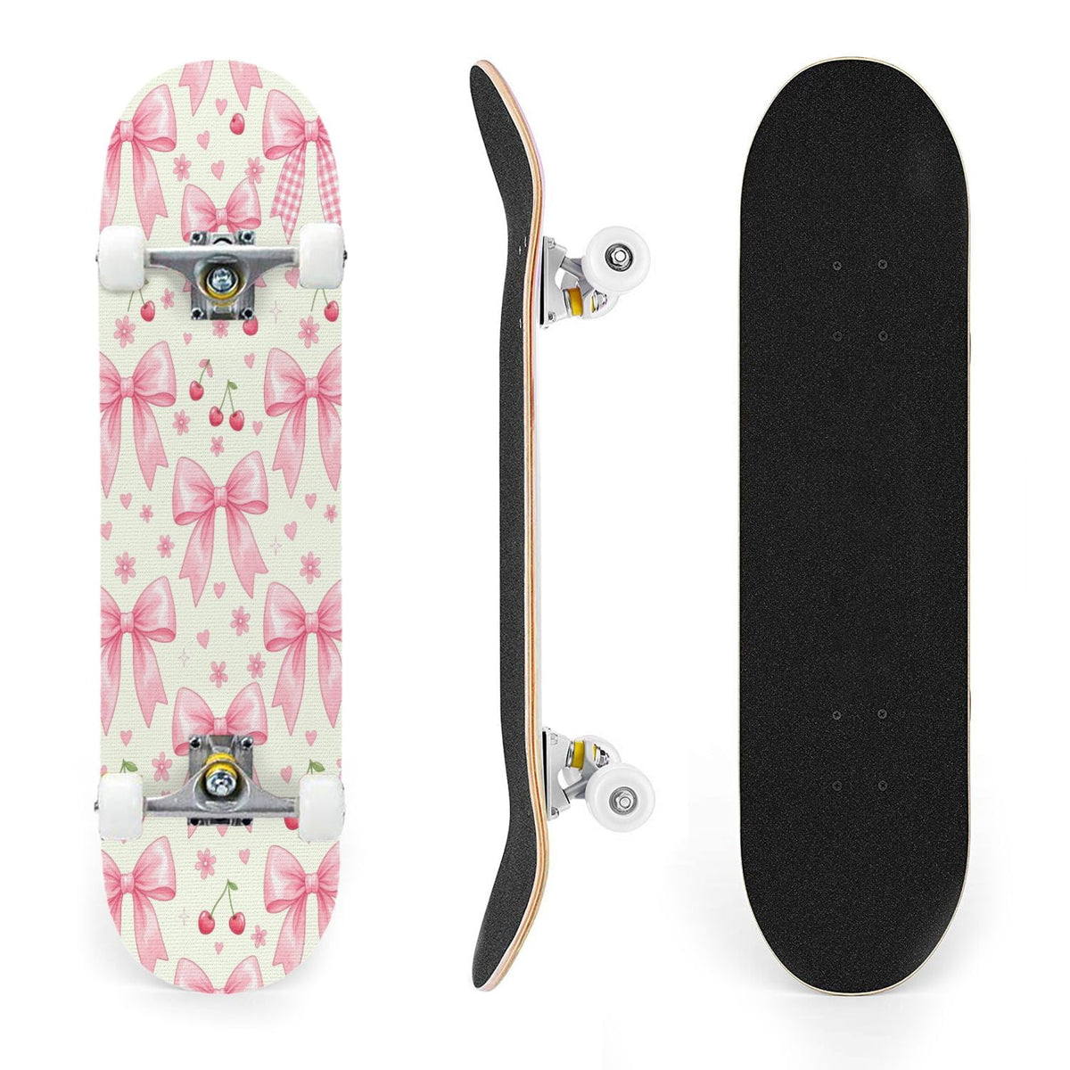 31"x8" Complete Skateboards for Beginners, Seamless Pink Peony Floral Cream Double Kick 7 Ply Canadian Maple Deck Skateboard with Wheels, Gifts for Girls Teens
