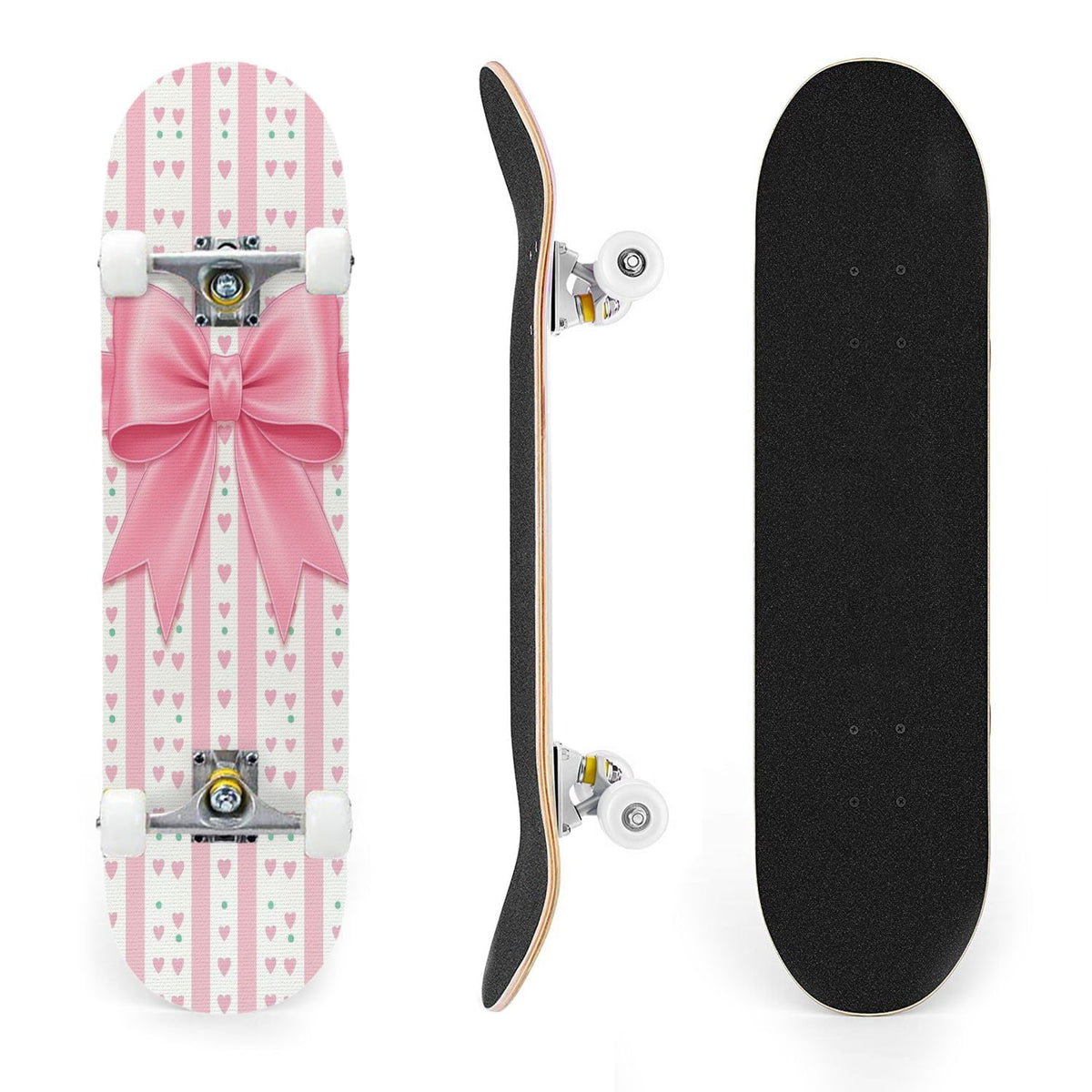 31"x8" Complete Skateboards for Beginners, Pink Bow Heart Vertical Stripes Romantic Double Kick 7 Ply Canadian Maple Deck Skateboard with Wheels, Gifts for Kids Teens
