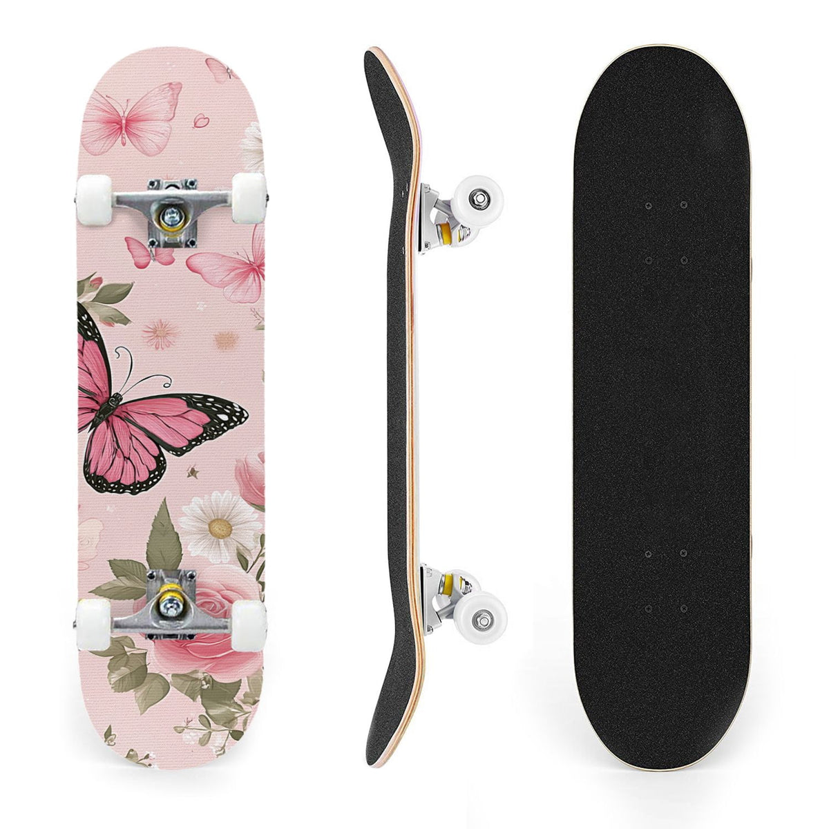 31"x8" Complete Skateboards for Beginners, Elegant Floral Pink Roses Blue Butterflies Double Kick 7 Ply Canadian Maple Deck Skateboard with Wheels, Gifts for Kids Teens