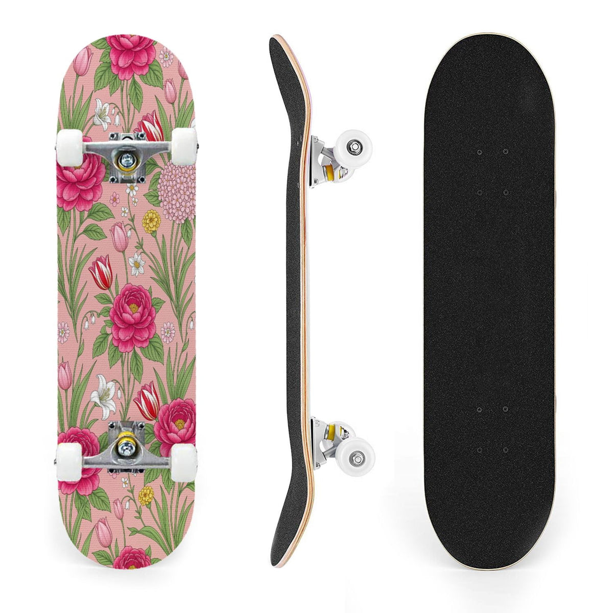 31"x8" Complete Skateboards for Beginners, Seamless Pink Peony Floral Cream Double Kick 7 Ply Canadian Maple Deck Skateboard with Wheels, Gifts for Girls Teens