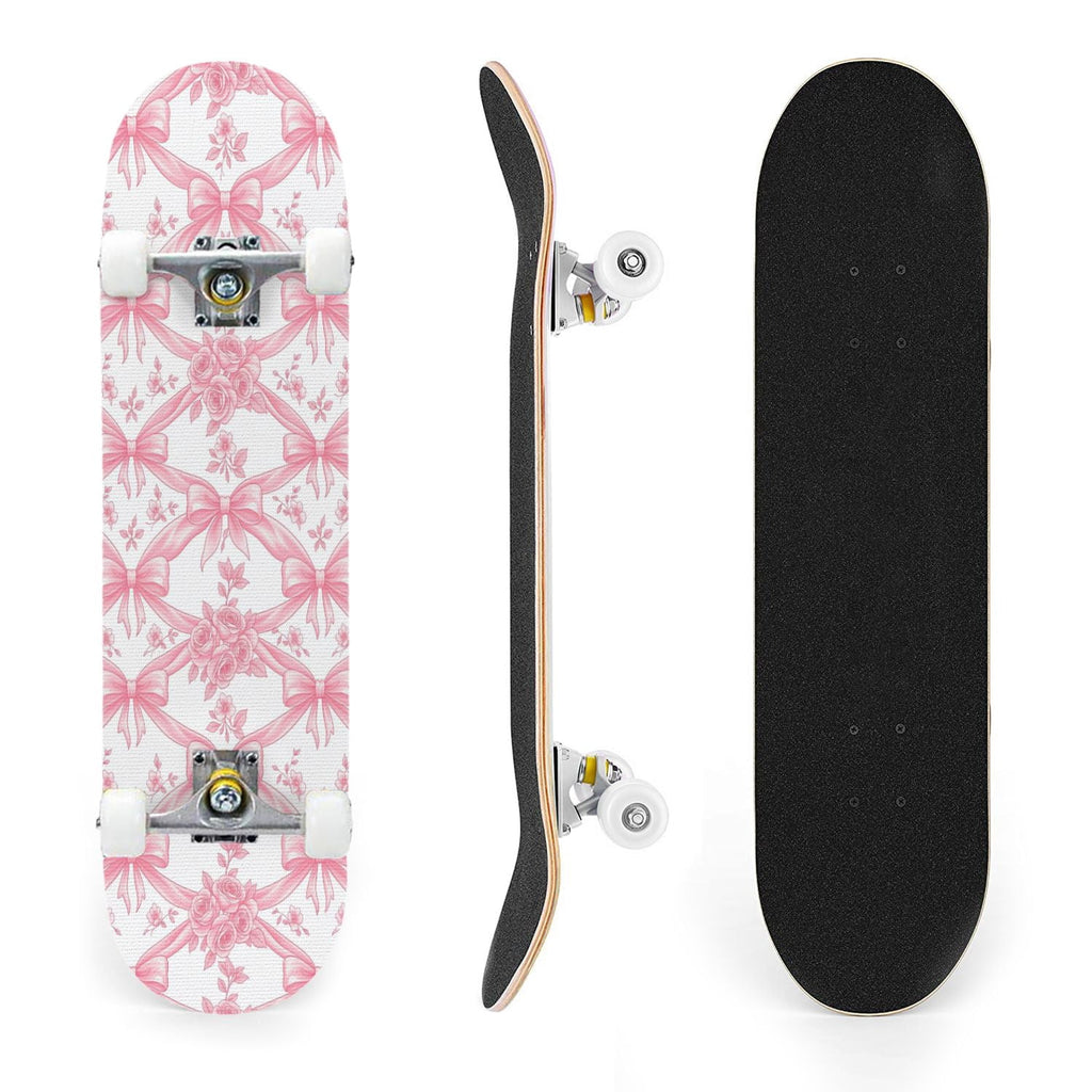 31"x8" Complete Skateboards for Beginners, Pink Floral Ribbon Roses Bows White Double Kick 7 Ply Canadian Maple Deck Skateboard with Wheels, Gifts for Girls Teens