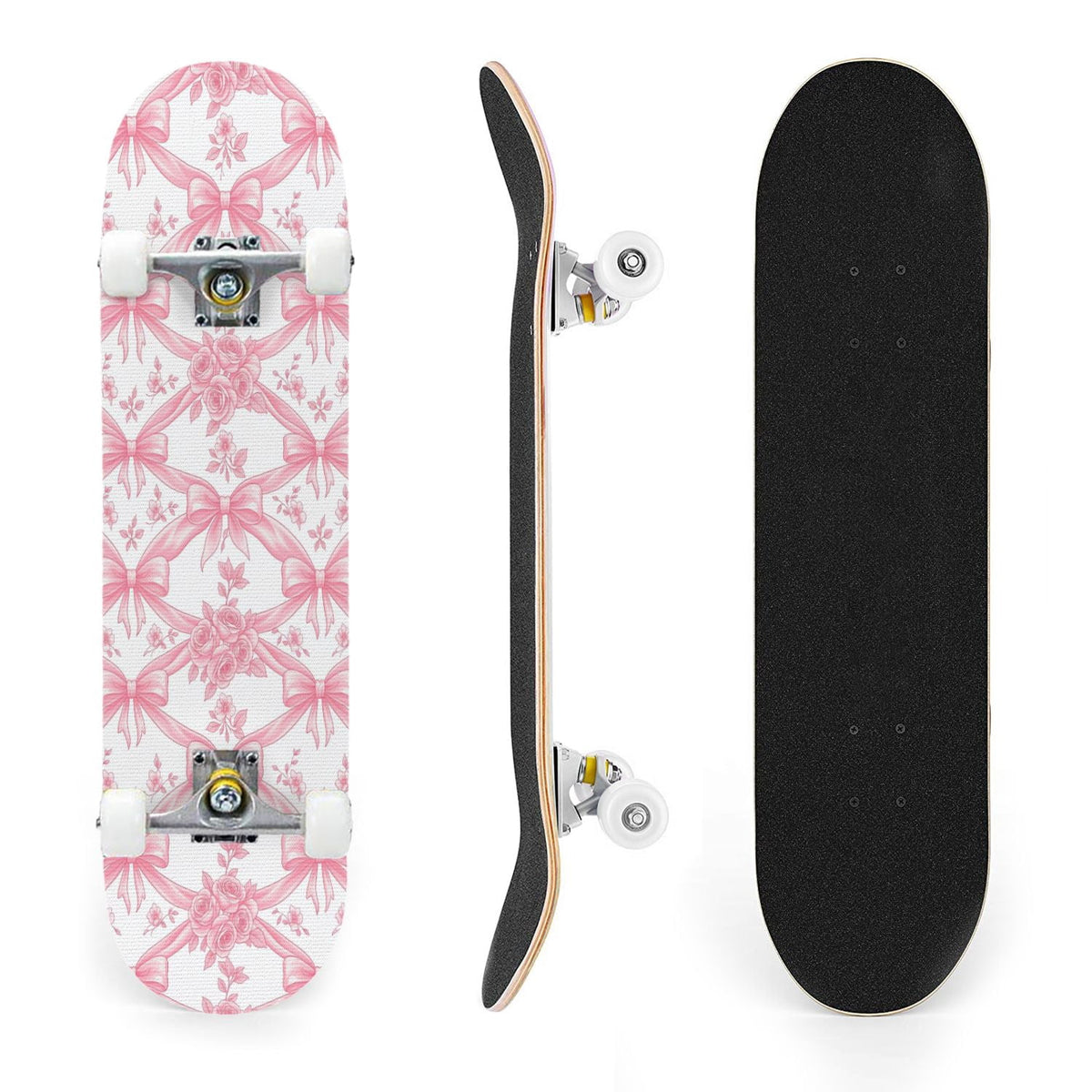 31"x8" Complete Skateboards for Beginners, Pink Floral Ribbon Roses Bows White Double Kick 7 Ply Canadian Maple Deck Skateboard with Wheels, Gifts for Girls Teens