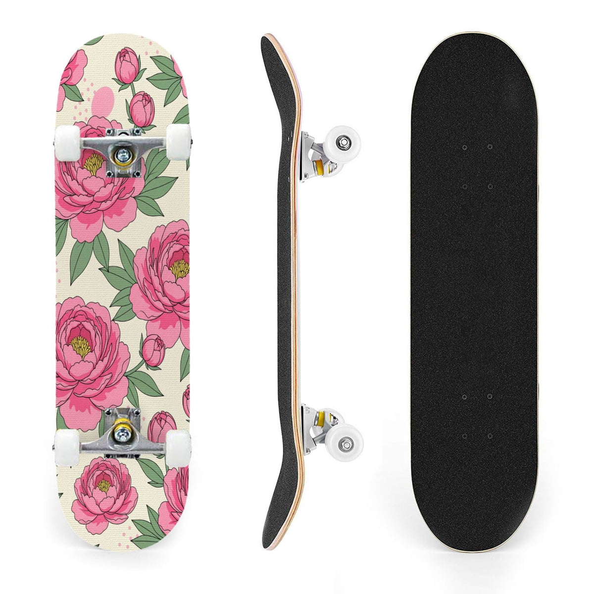31"x8" Complete Skateboards for Beginners, Cherry Blossom Red Cherry Seamless Pink Botanical Double Kick 7 Ply Canadian Maple Deck Skateboard with Wheels, Gifts for Girls Teens
