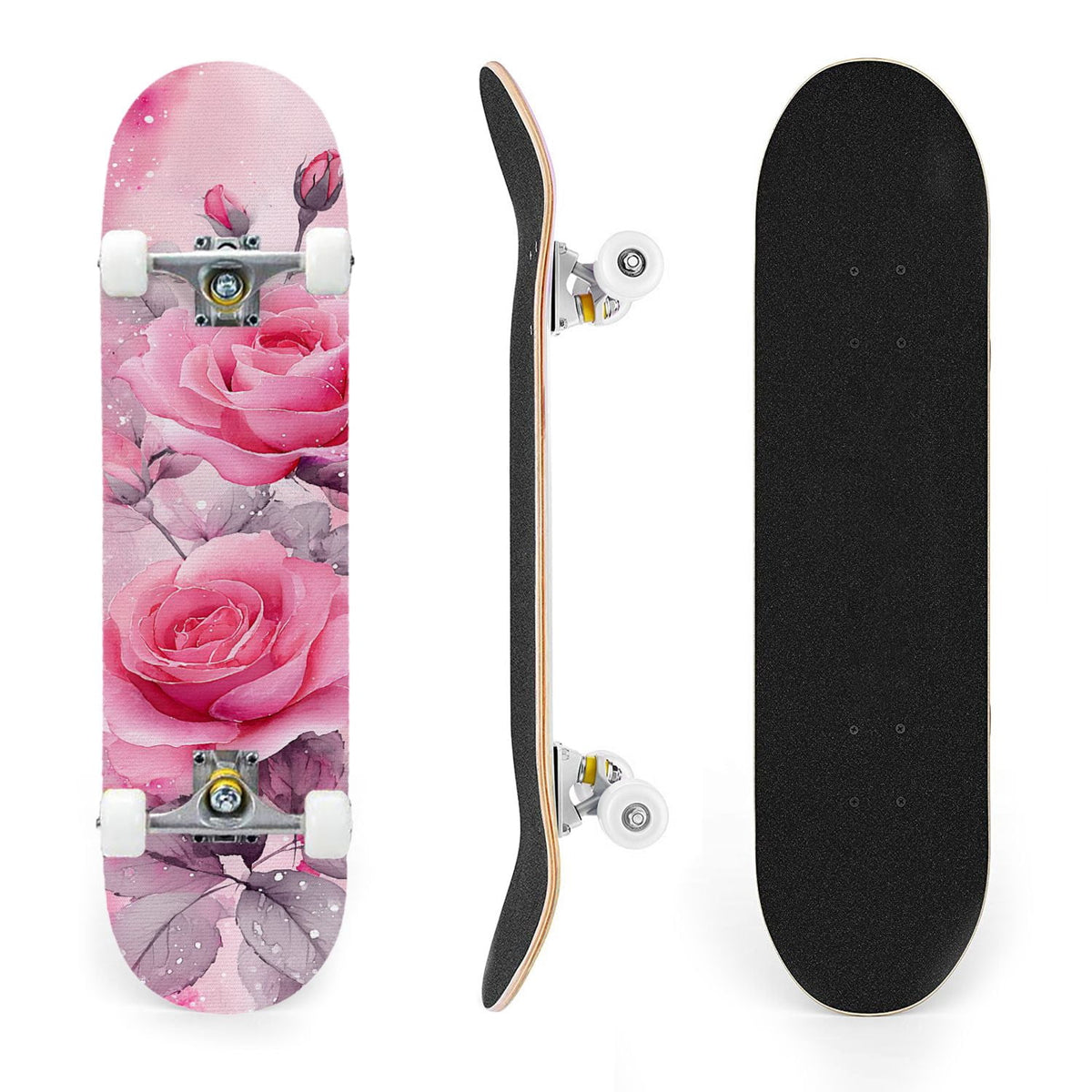 31"x8" Complete Skateboards for Beginners, Elegant Pink Red Roses Green Leaves Dark Double Kick 7 Ply Canadian Maple Deck Skateboard with Wheels, Gifts for Kids Teens