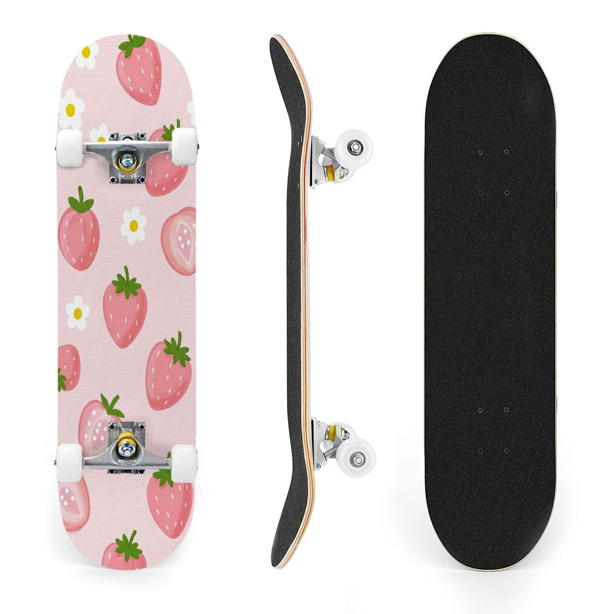 31"x8" Complete Skateboards for Beginners, Cherry Blossom Red Cherry Seamless Pink Botanical Double Kick 7 Ply Canadian Maple Deck Skateboard with Wheels, Gifts for Girls Teens