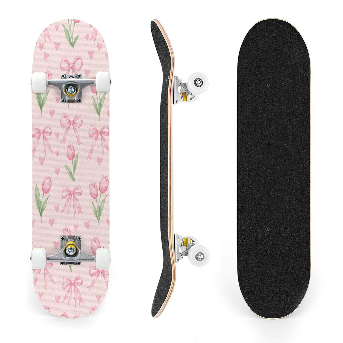 31"x8" Complete Skateboards for Beginners, Seamless Pink Peony Floral Cream Double Kick 7 Ply Canadian Maple Deck Skateboard with Wheels, Gifts for Girls Teens