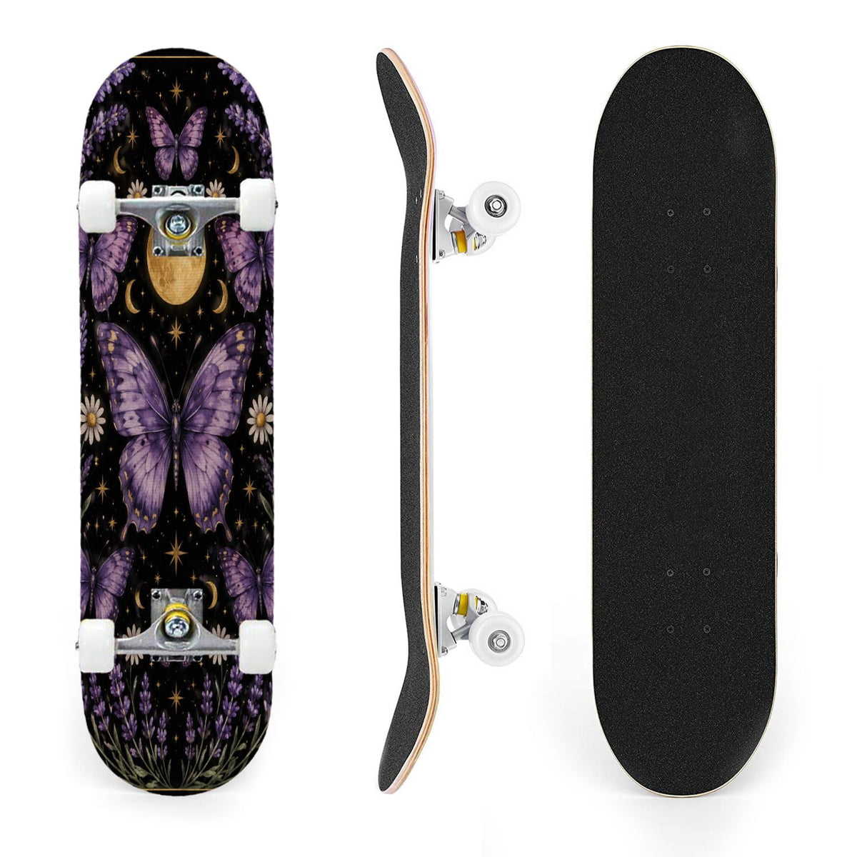 31"x8" Complete Skateboards for Beginners, Blue Moth Moonlight Flowers Mushrooms Forest Double Kick 7 Ply Canadian Maple Deck Skateboard with Wheels, Gifts for Kids Teens