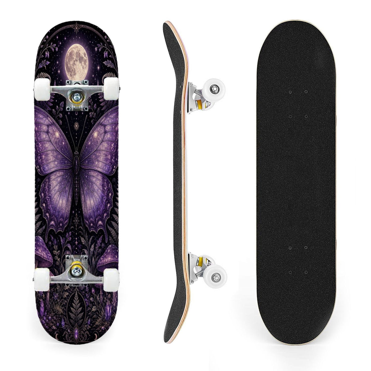 31"x8" Complete Skateboards for Beginners, Butterfly Garden Vintage Botanical Motifs Dark Green Teal Double Kick 7 Ply Canadian Maple Deck Skateboard with Wheels, Gifts for Kids Teens